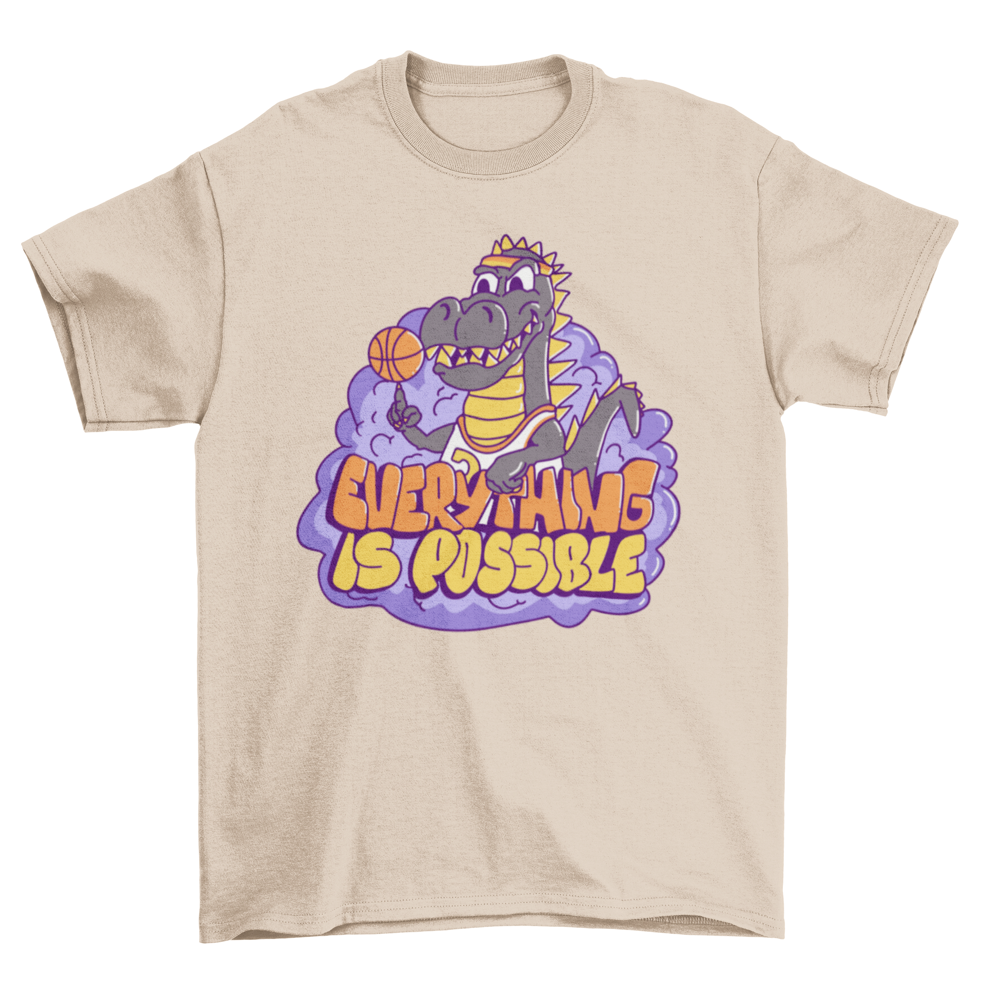 A vibrant t-shirt featuring a T-Rex playing basketball with the quote 'Everything is possible' printed on it.