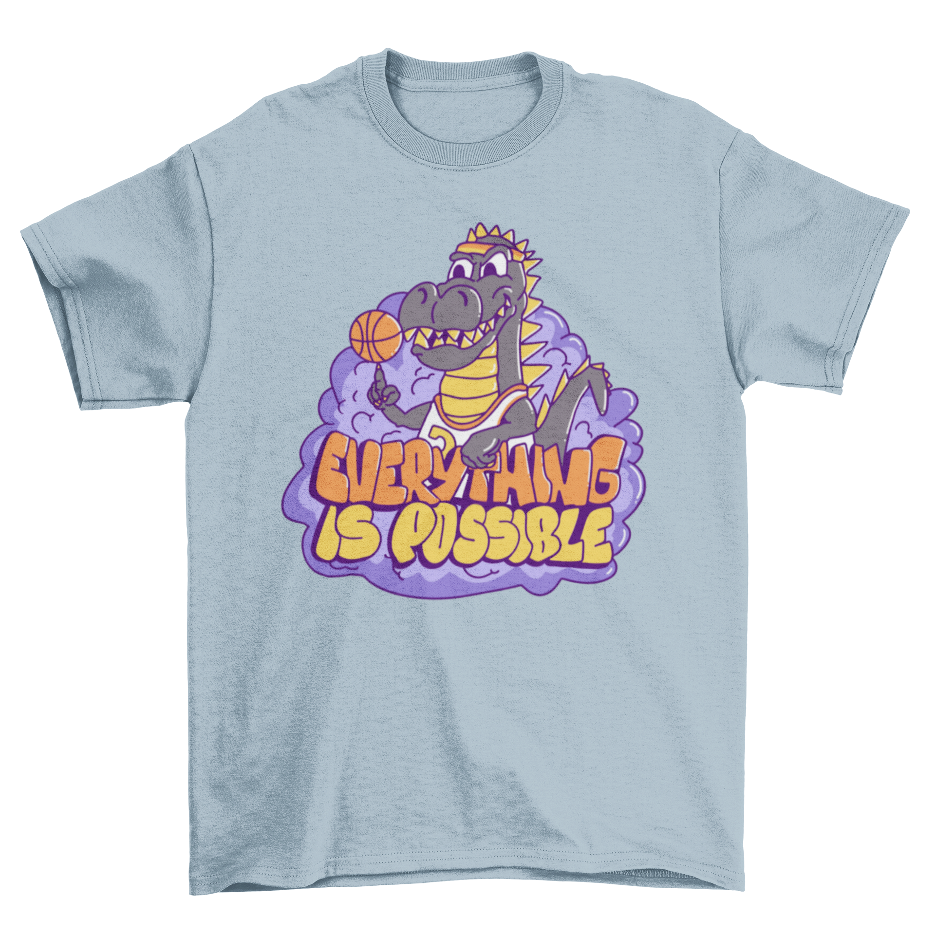 A vibrant t-shirt featuring a T-Rex playing basketball with the quote 'Everything is possible' printed on it.