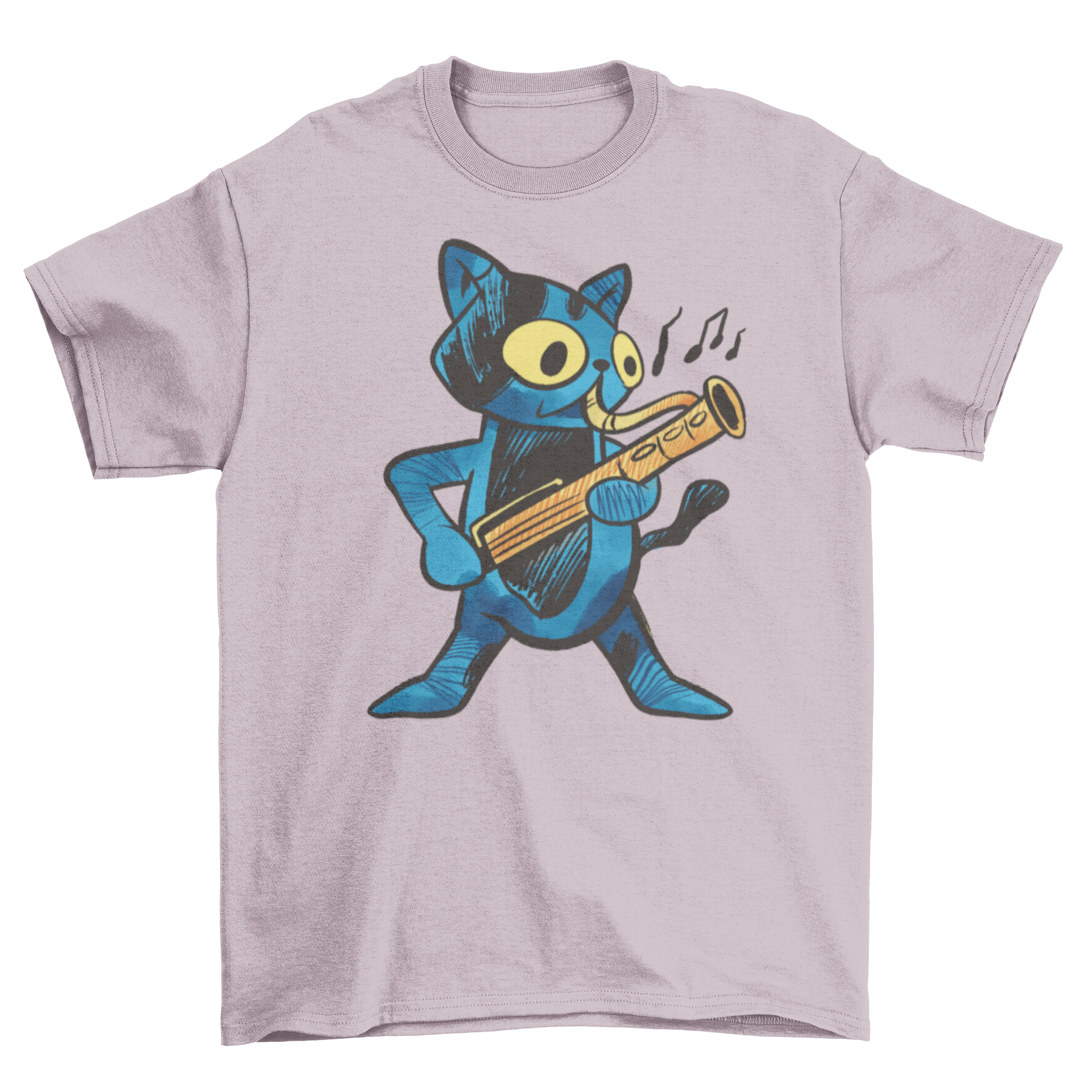 A blue cat character joyfully playing the bassoon on a stylish t-shirt.