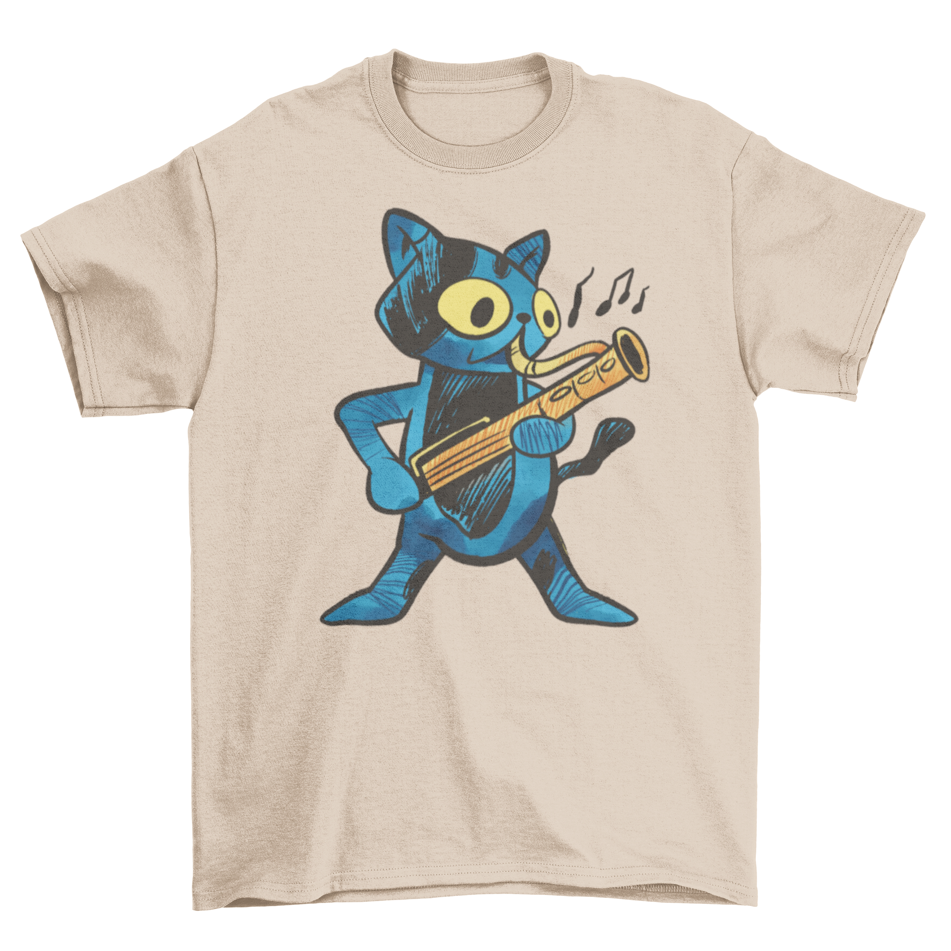 A blue cat character joyfully playing the bassoon on a stylish t-shirt.