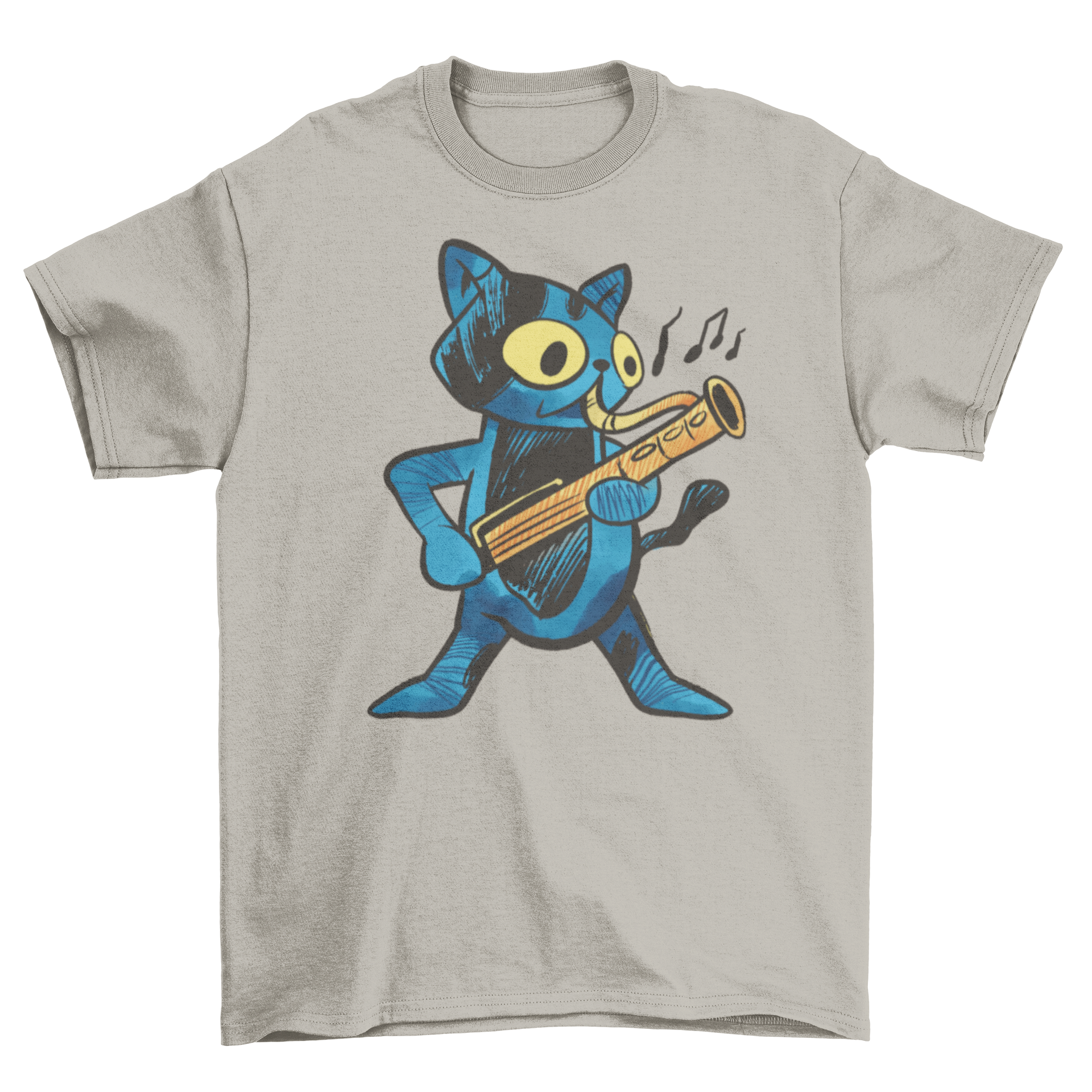 A blue cat character joyfully playing the bassoon on a stylish t-shirt.