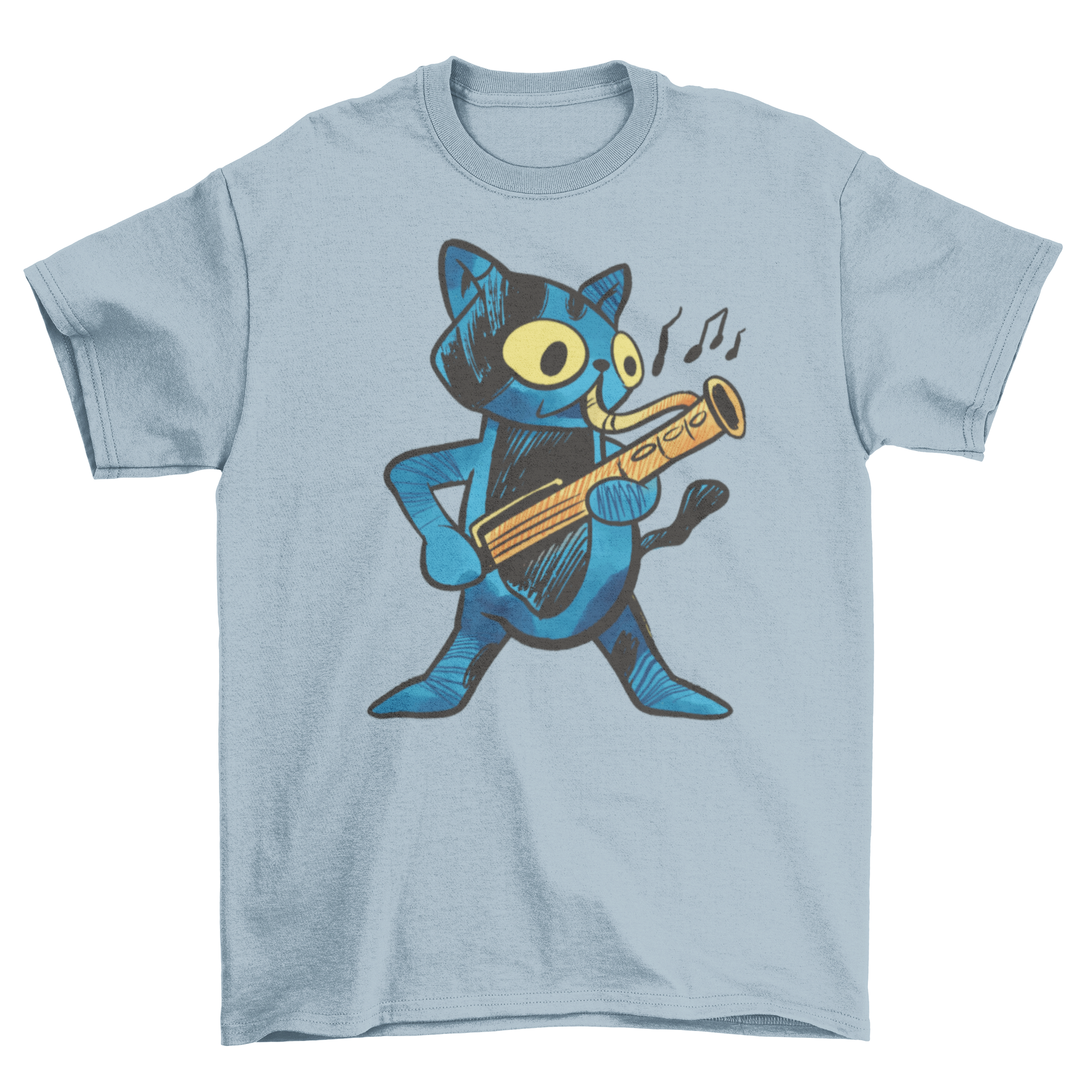 A blue cat character joyfully playing the bassoon on a stylish t-shirt.