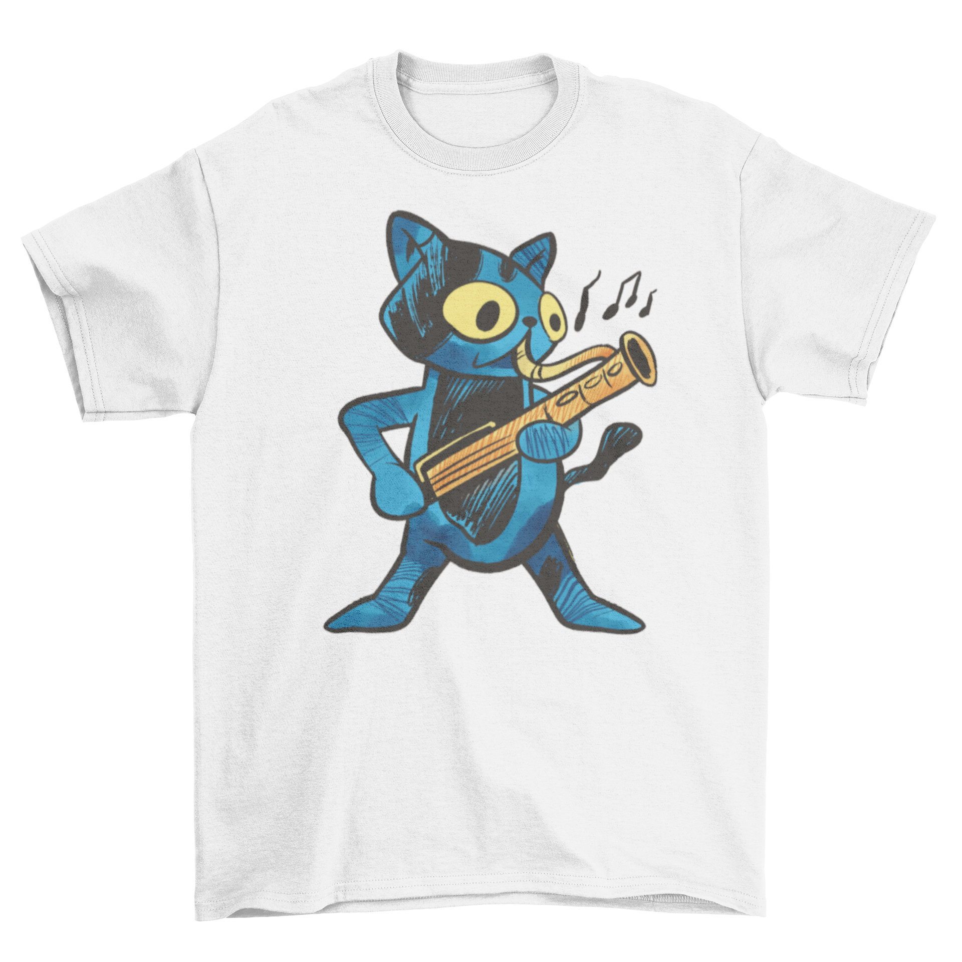 A blue cat character joyfully playing the bassoon on a stylish t-shirt.