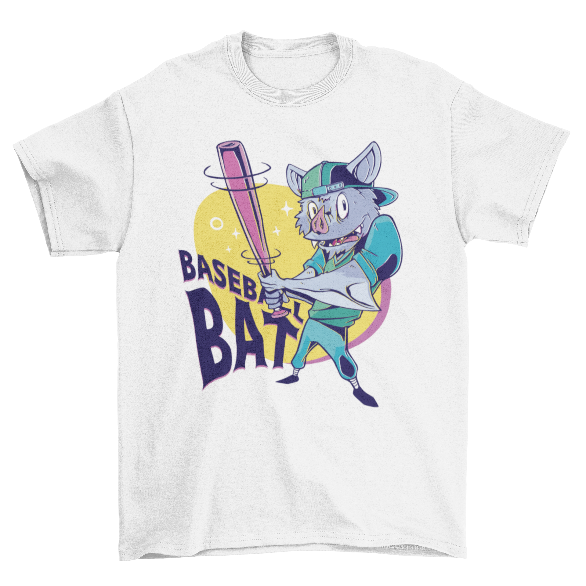 A playful cartoon bat character holding a baseball bat on a stylish t-shirt.