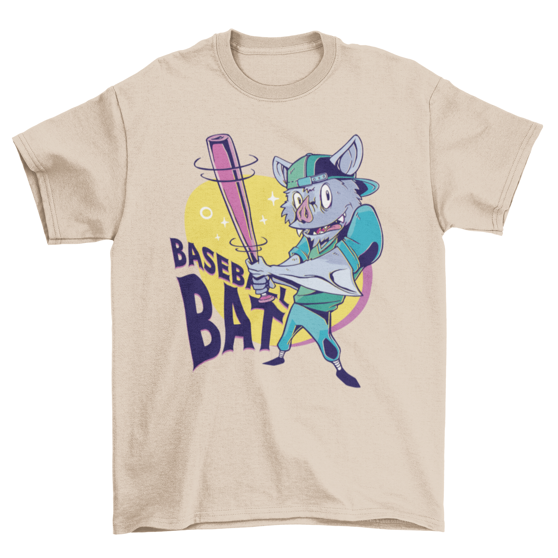 A playful cartoon bat character holding a baseball bat on a stylish t-shirt.