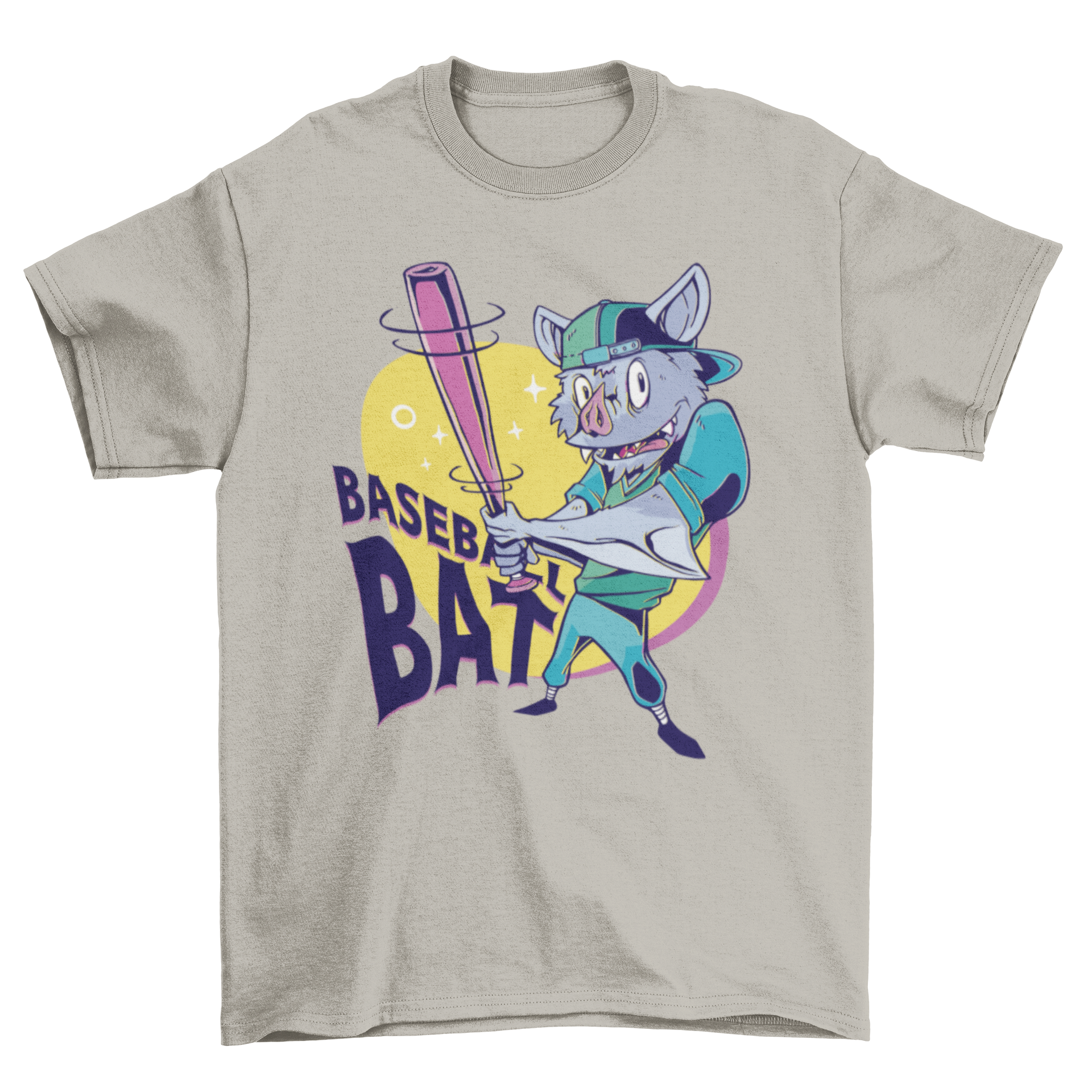 A playful cartoon bat character holding a baseball bat on a stylish t-shirt.