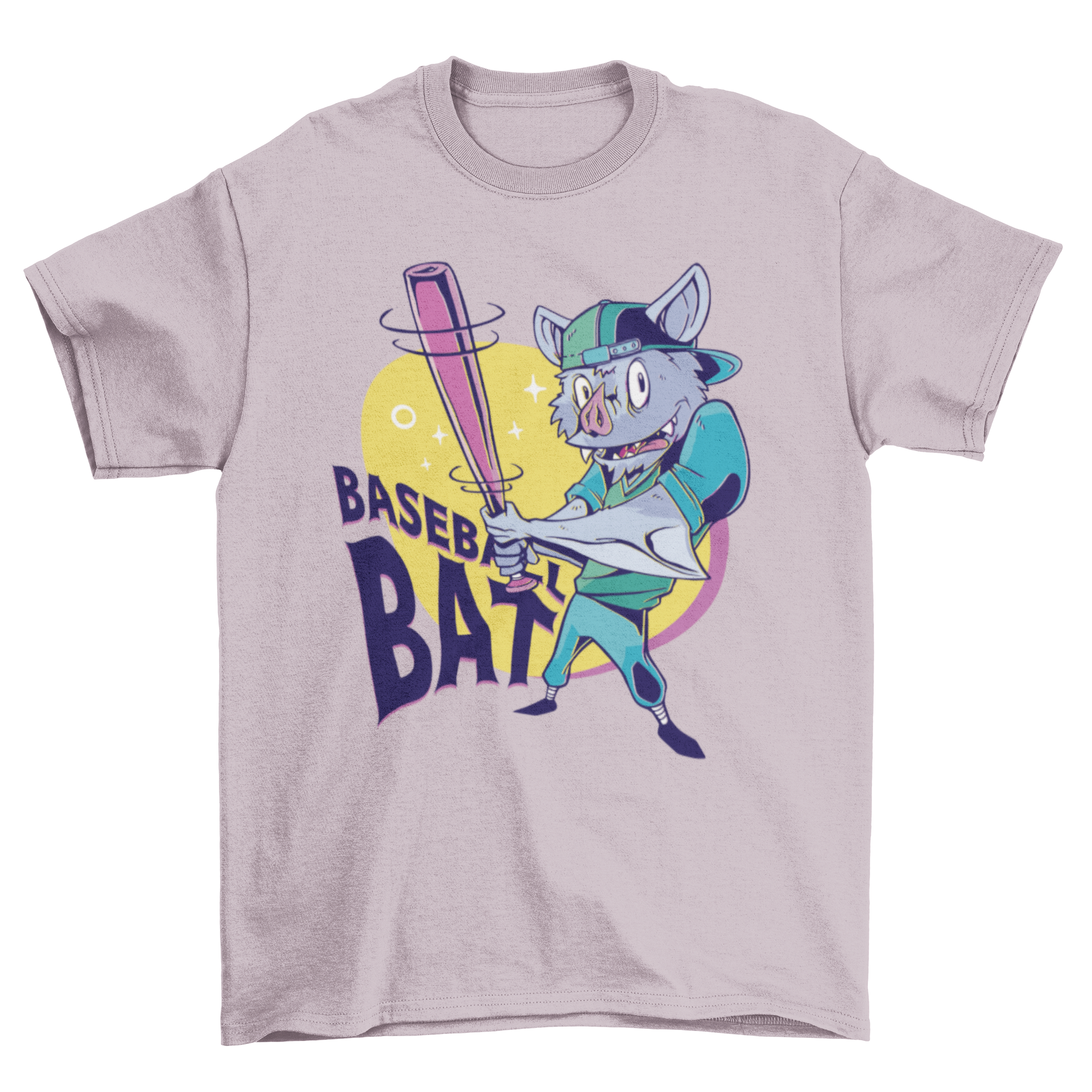 A playful cartoon bat character holding a baseball bat on a stylish t-shirt.