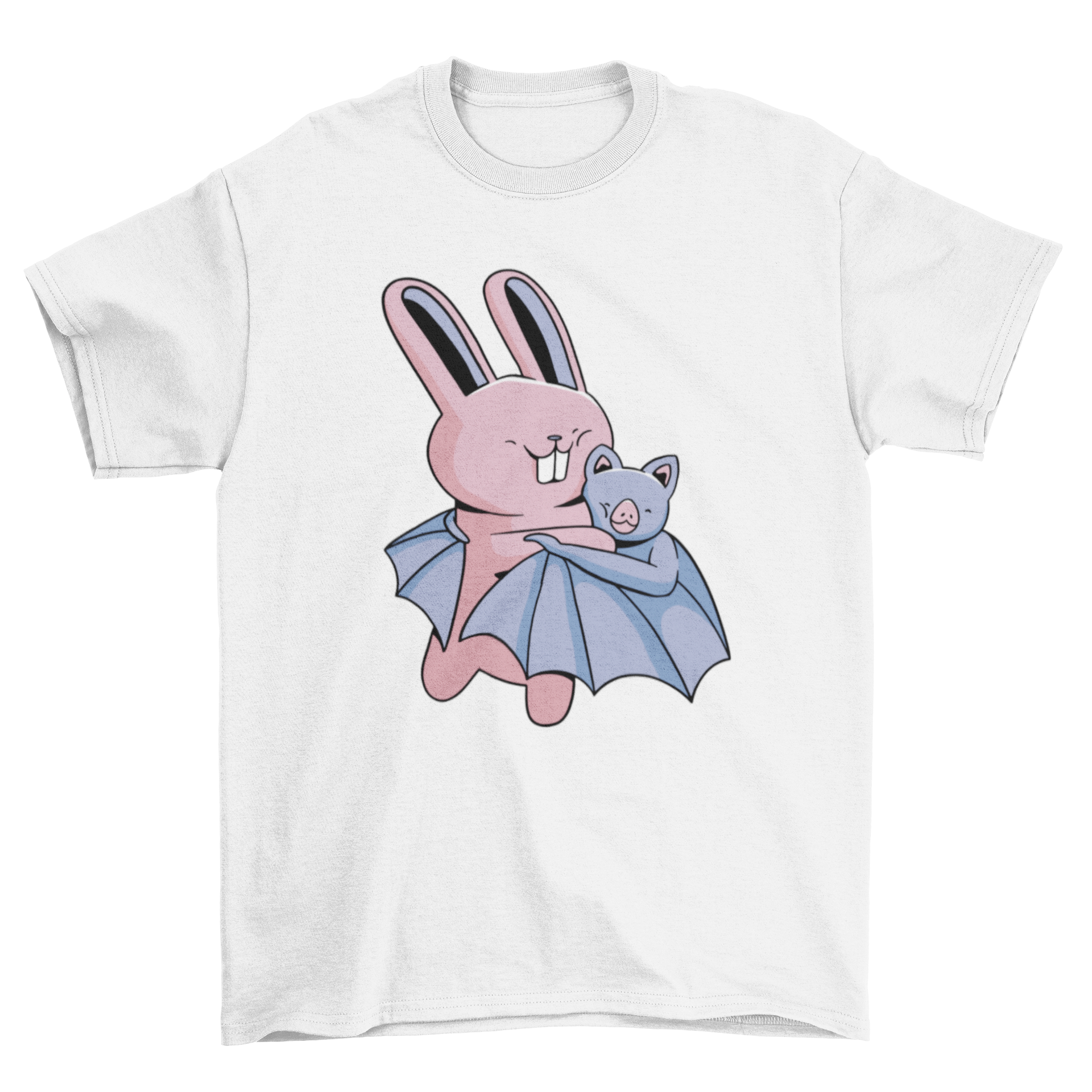 A cute t-shirt featuring a bat hugging a rabbit, showcasing a whimsical and heartwarming design.