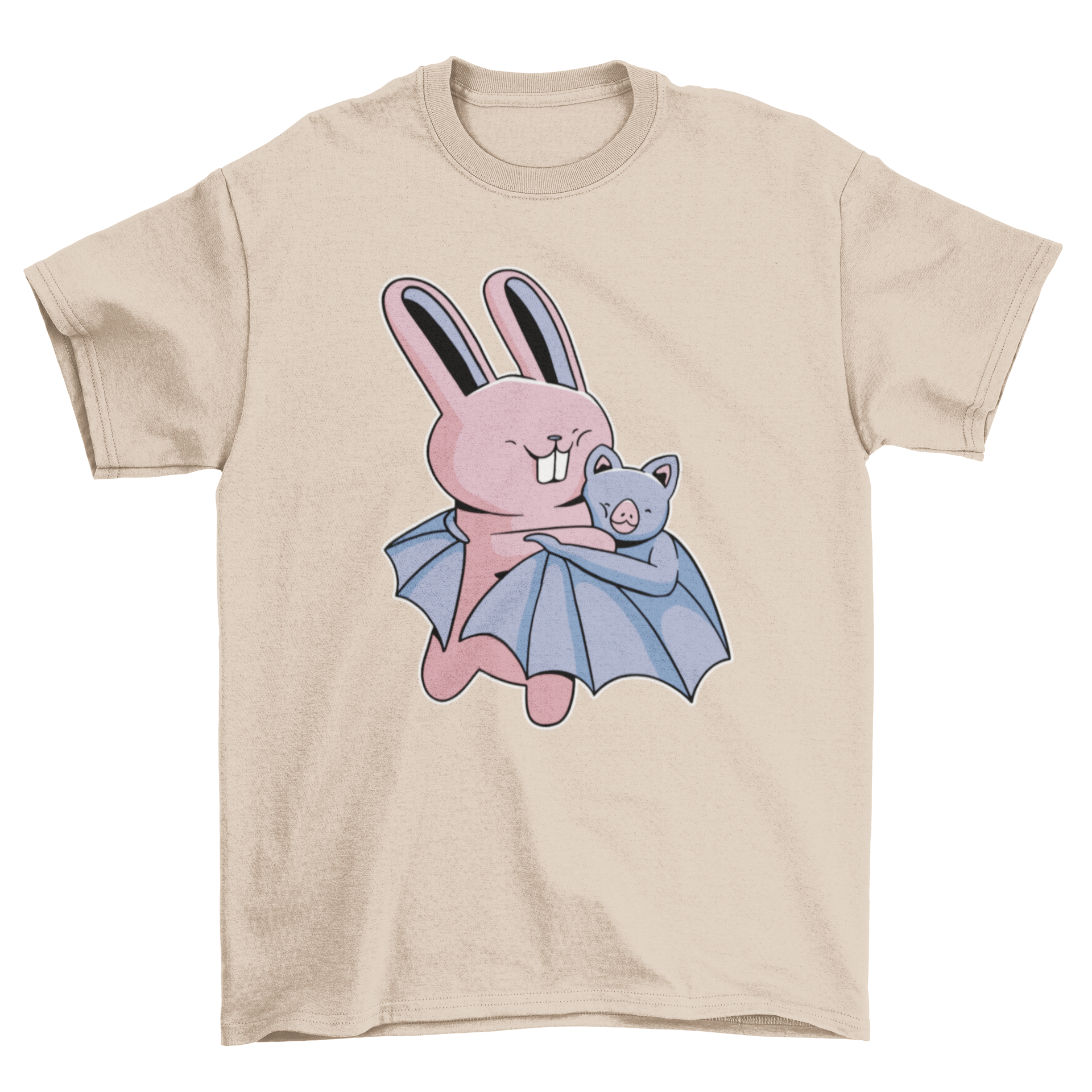 A cute t-shirt featuring a bat hugging a rabbit, showcasing a whimsical and heartwarming design.