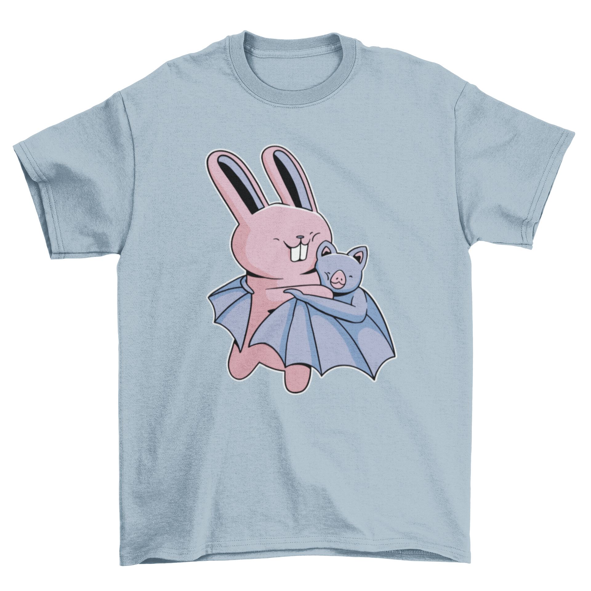 A cute t-shirt featuring a bat hugging a rabbit, showcasing a whimsical and heartwarming design.