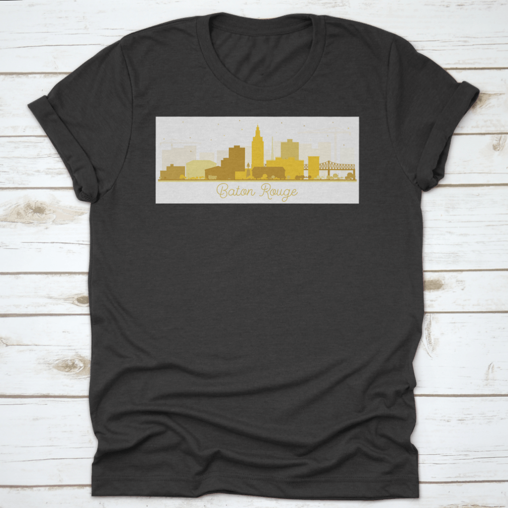 Baton Rouge skyline silhouette featuring golden buildings against a clear sky, showcasing the city's iconic architecture.