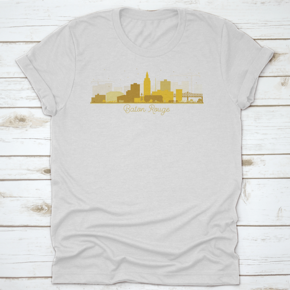 Baton Rouge skyline silhouette featuring golden buildings against a clear sky, showcasing the city's iconic architecture.