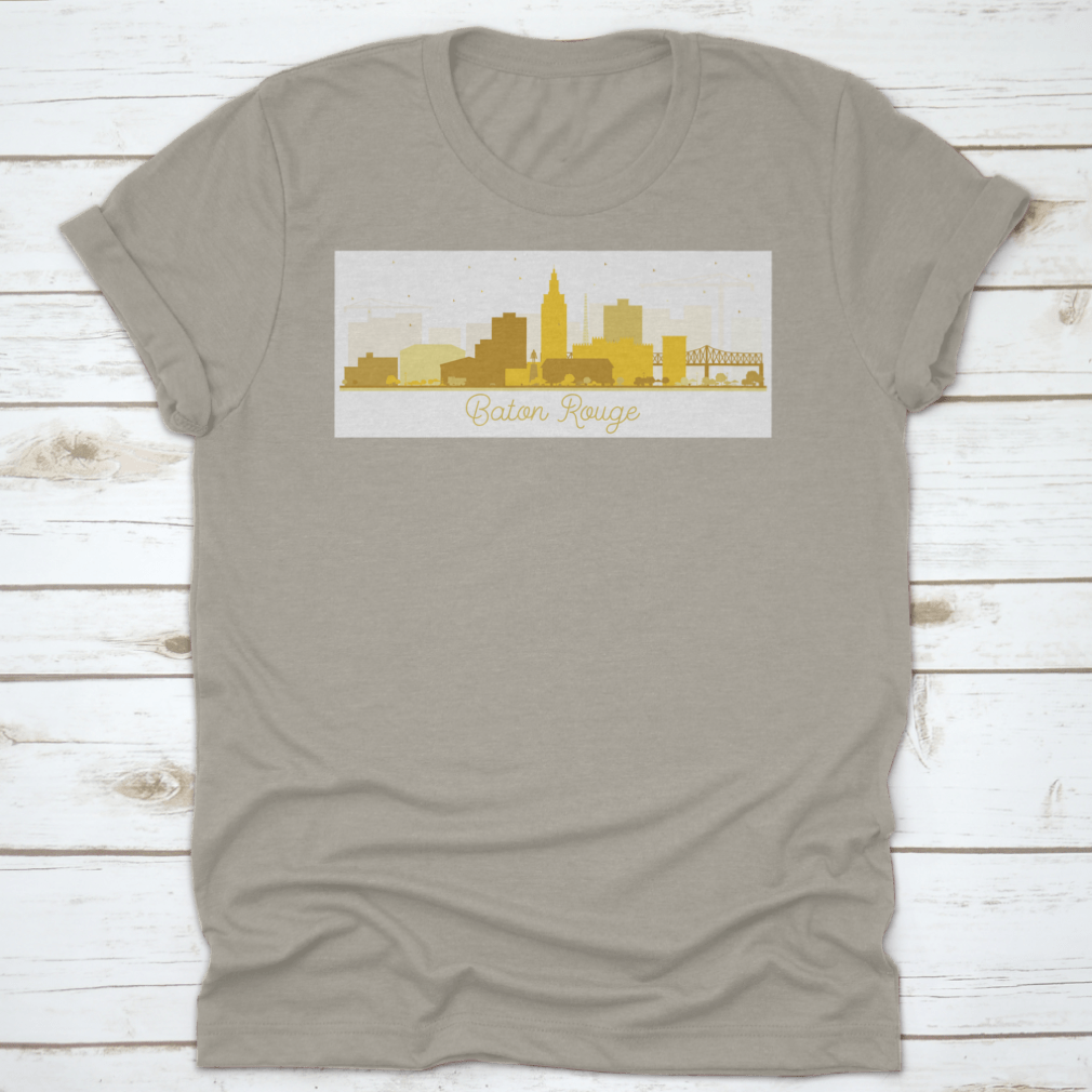 Baton Rouge skyline silhouette featuring golden buildings against a clear sky, showcasing the city's iconic architecture.