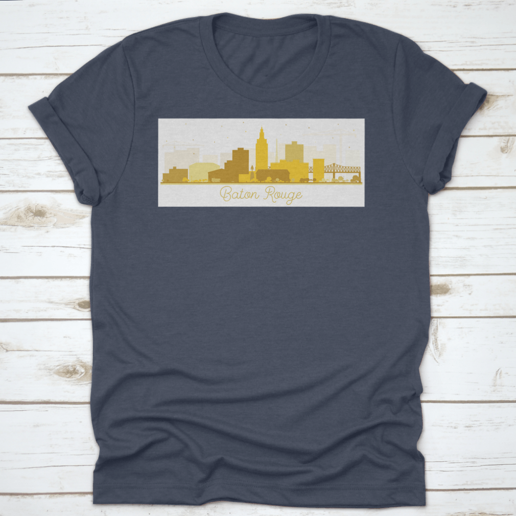 Baton Rouge skyline silhouette featuring golden buildings against a clear sky, showcasing the city's iconic architecture.