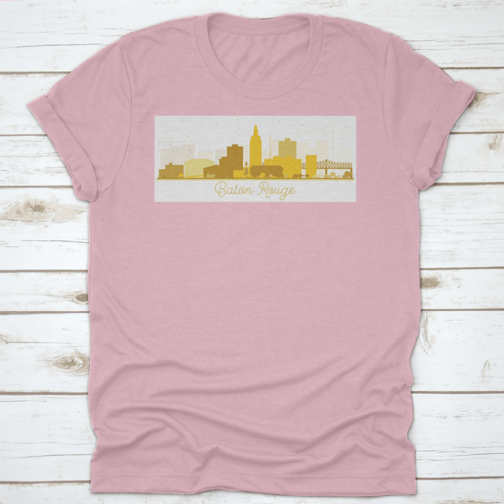 Baton Rouge skyline silhouette featuring golden buildings against a clear sky, showcasing the city's iconic architecture.