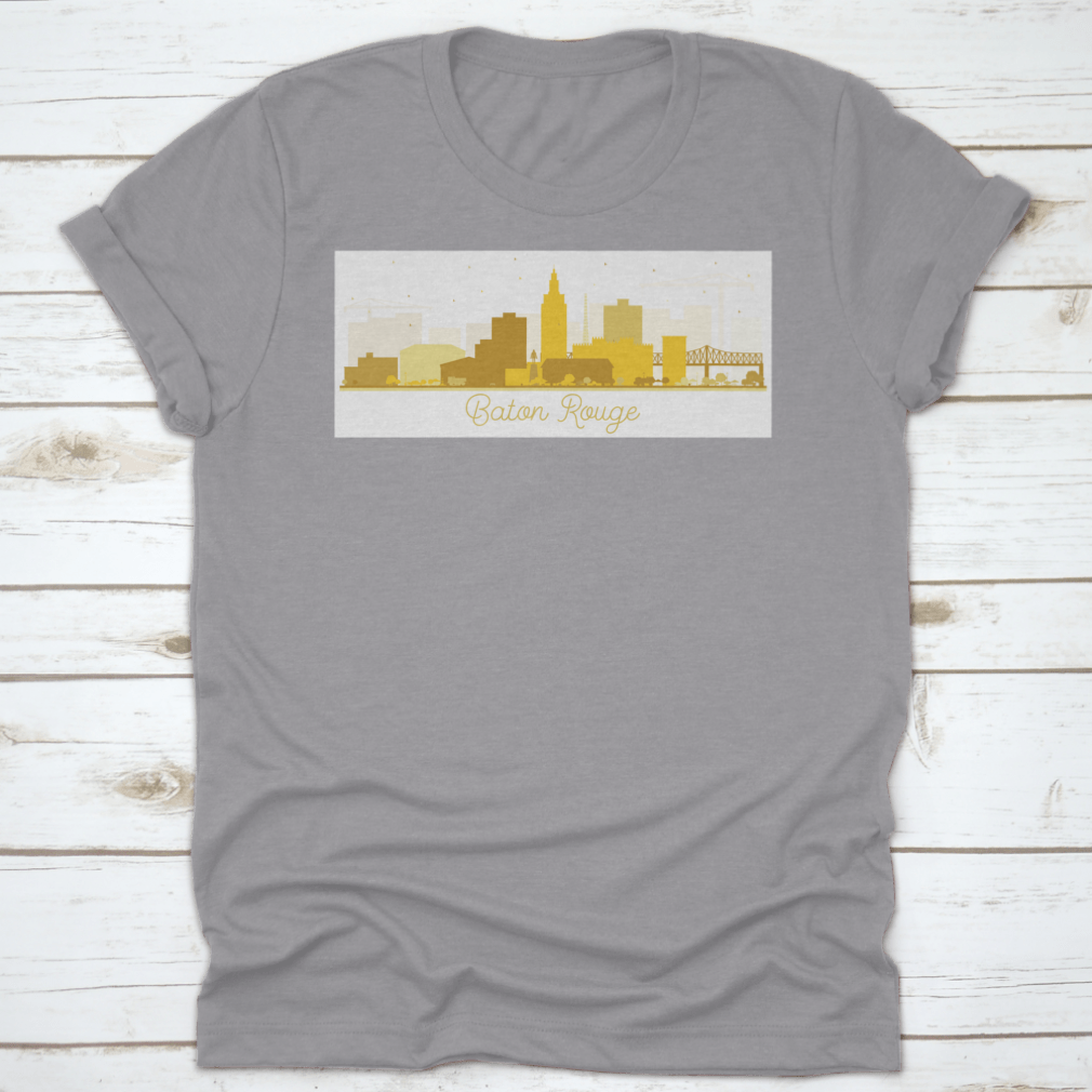 Baton Rouge skyline silhouette featuring golden buildings against a clear sky, showcasing the city's iconic architecture.