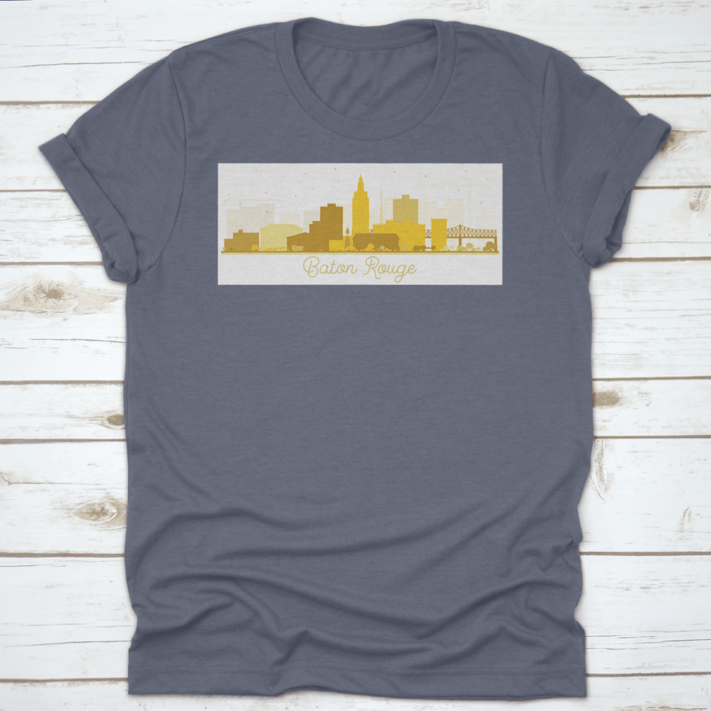 Baton Rouge skyline silhouette featuring golden buildings against a clear sky, showcasing the city's iconic architecture.