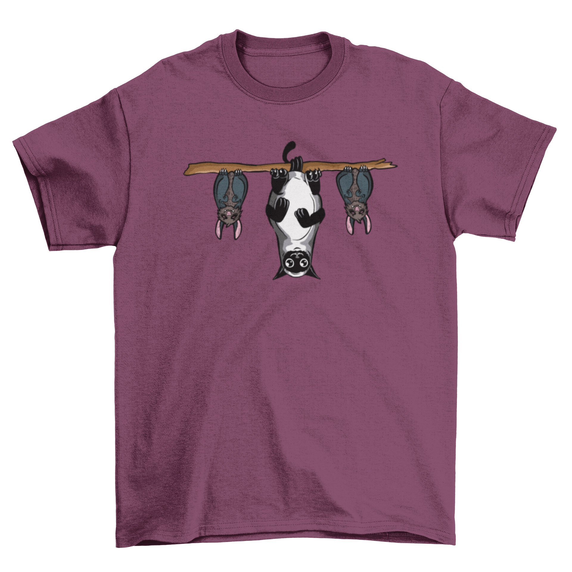 A stylish t-shirt featuring an illustration of two bats and a cat hanging upside down, perfect for animal lovers.