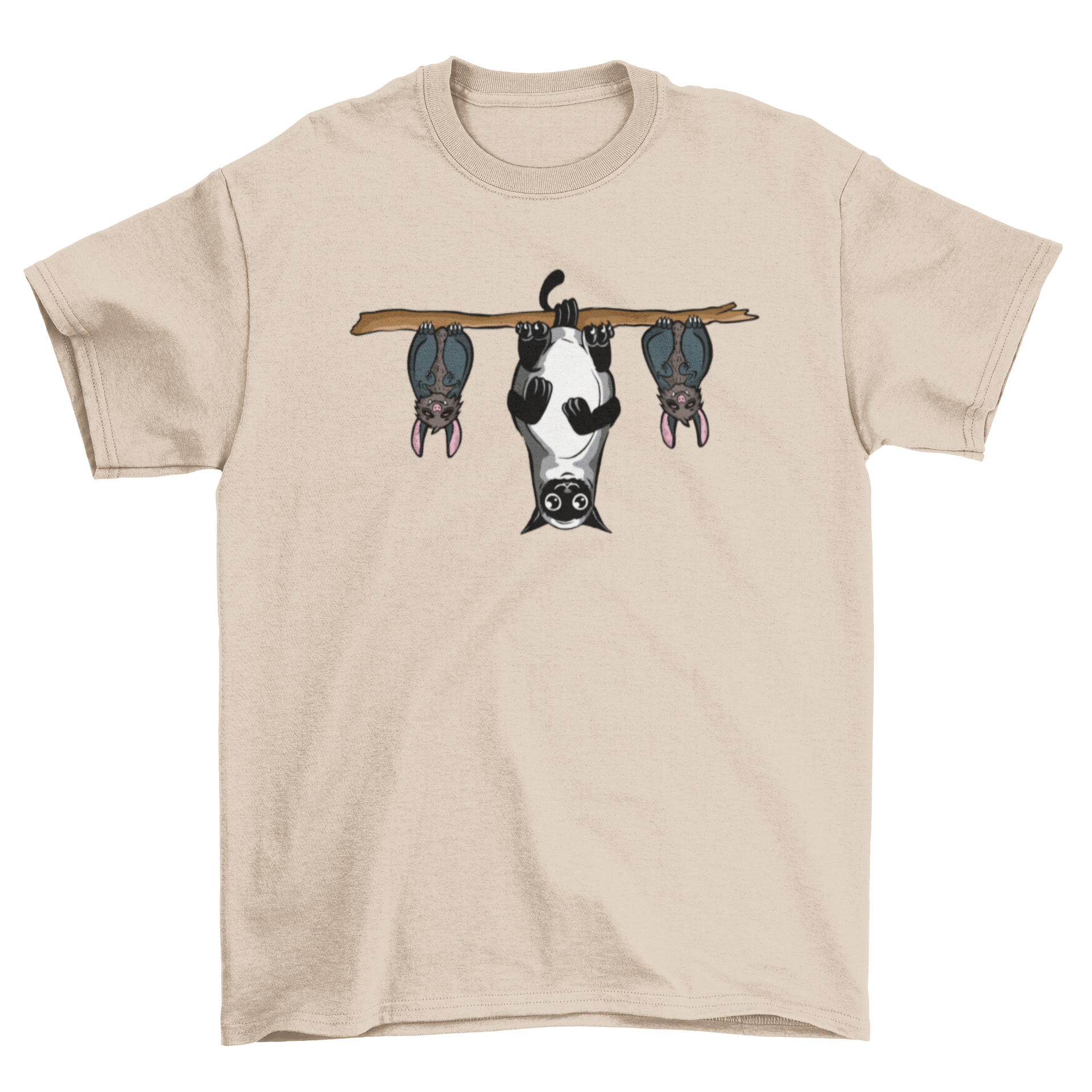 A stylish t-shirt featuring an illustration of two bats and a cat hanging upside down, perfect for animal lovers.