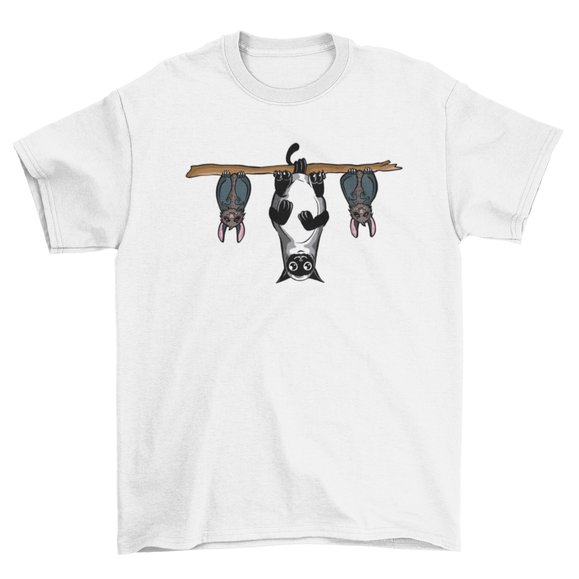 A stylish t-shirt featuring an illustration of two bats and a cat hanging upside down, perfect for animal lovers.