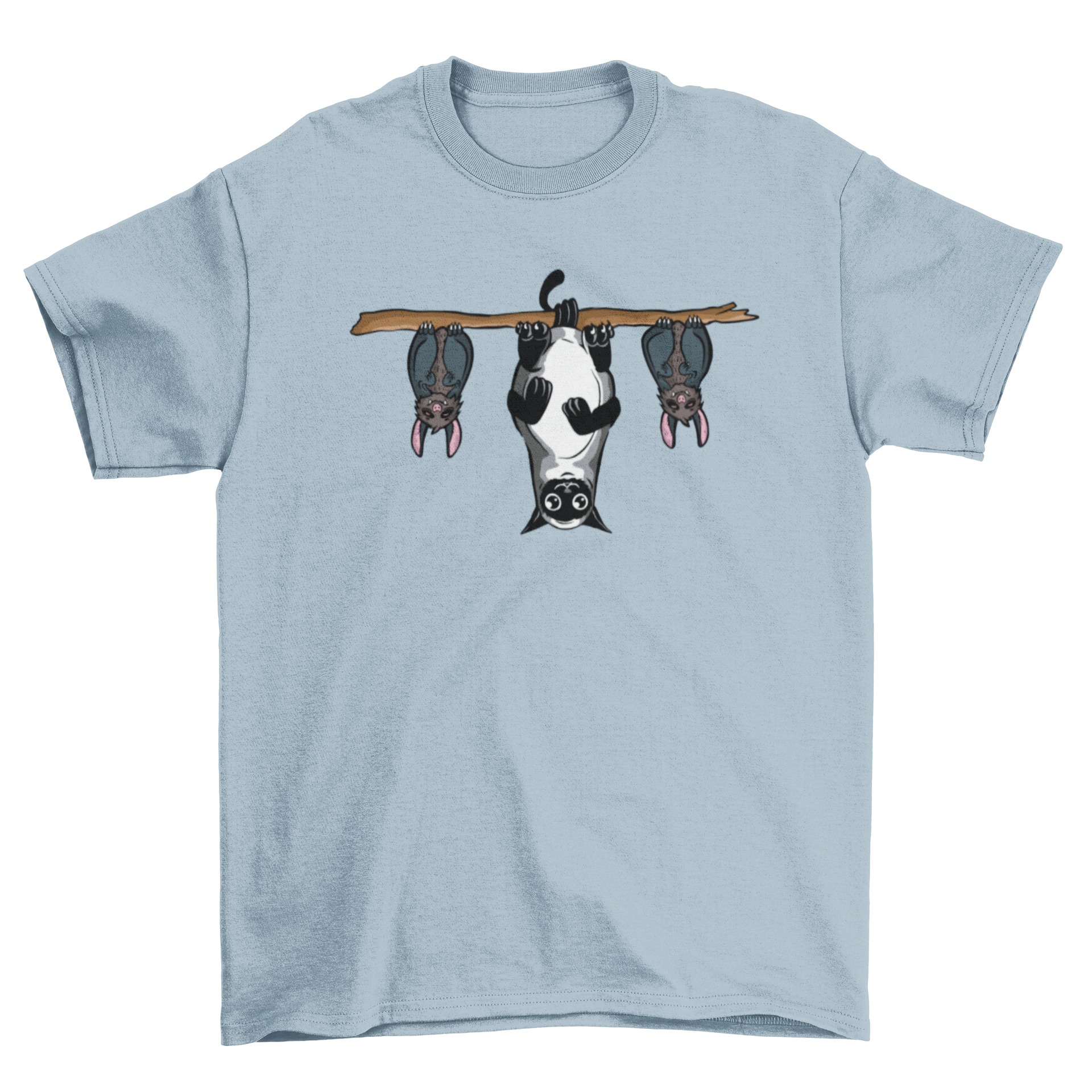 A stylish t-shirt featuring an illustration of two bats and a cat hanging upside down, perfect for animal lovers.