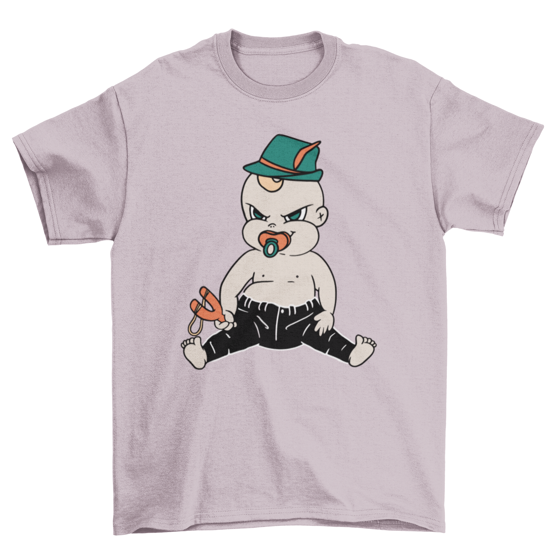 A cute baby wearing a Bavarian hat and holding a slingshot, featured on a soft t-shirt.