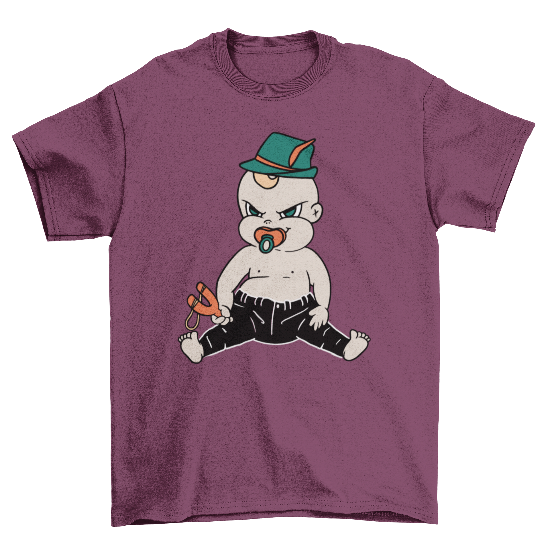 A cute baby wearing a Bavarian hat and holding a slingshot, featured on a soft t-shirt.