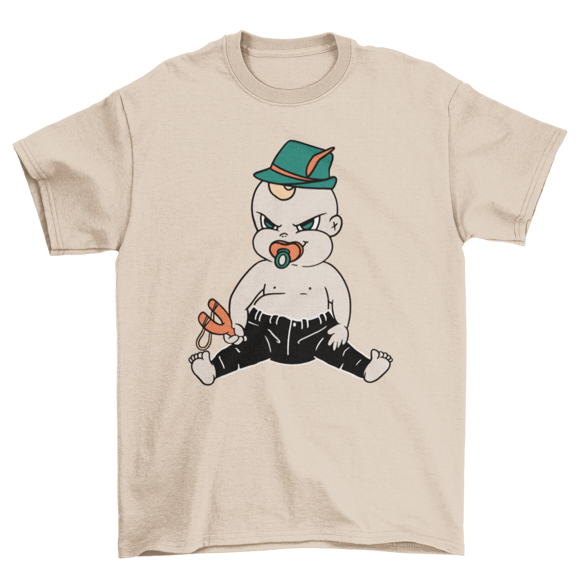 A cute baby wearing a Bavarian hat and holding a slingshot, featured on a soft t-shirt.