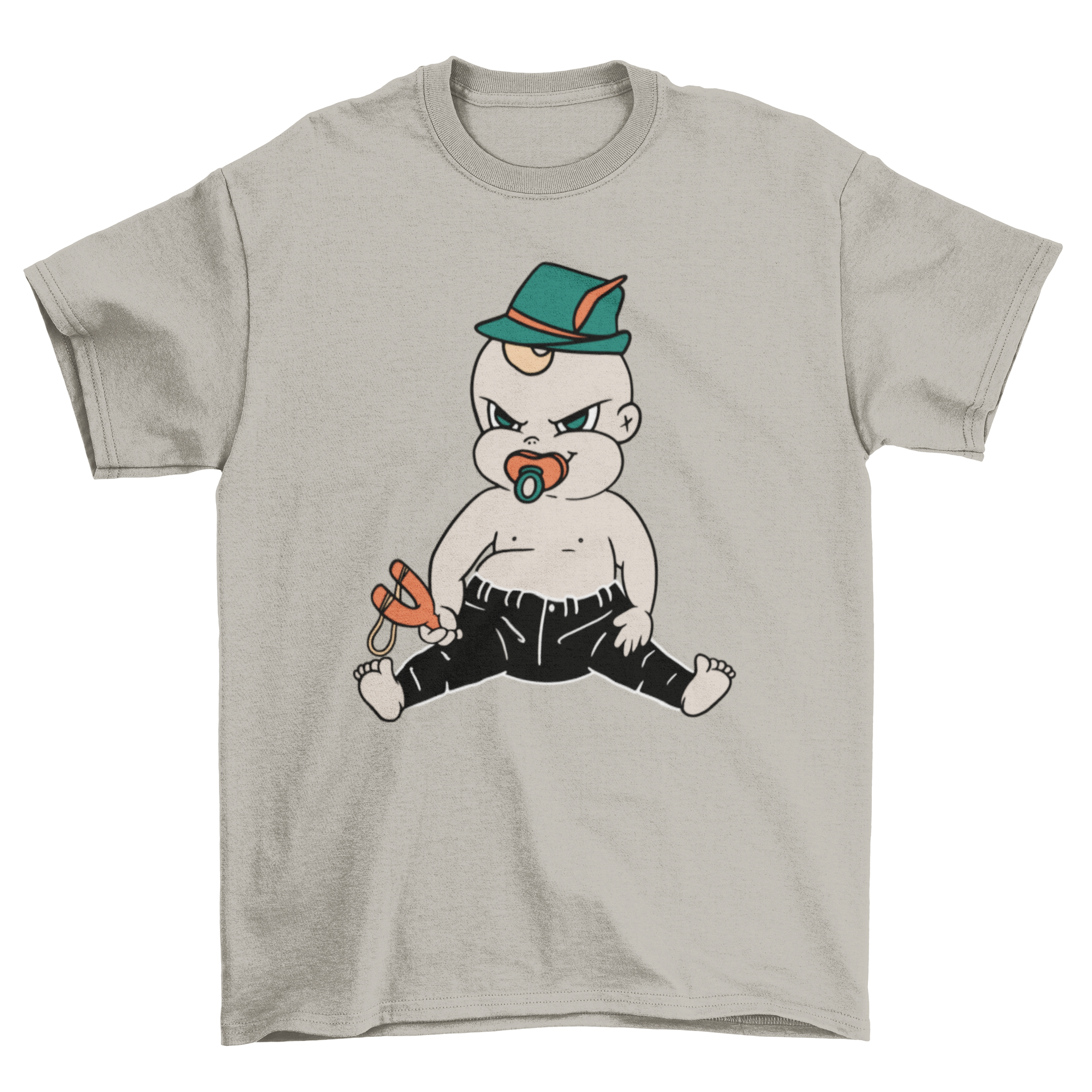 A cute baby wearing a Bavarian hat and holding a slingshot, featured on a soft t-shirt.