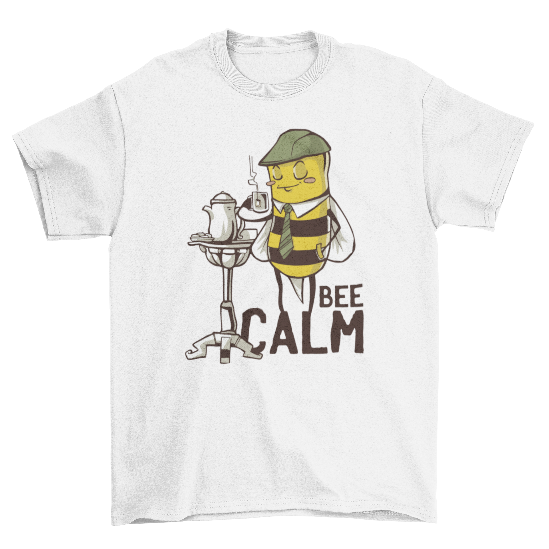 Bee Calm T-shirt featuring a cartoon bee sipping tea with a playful caption.