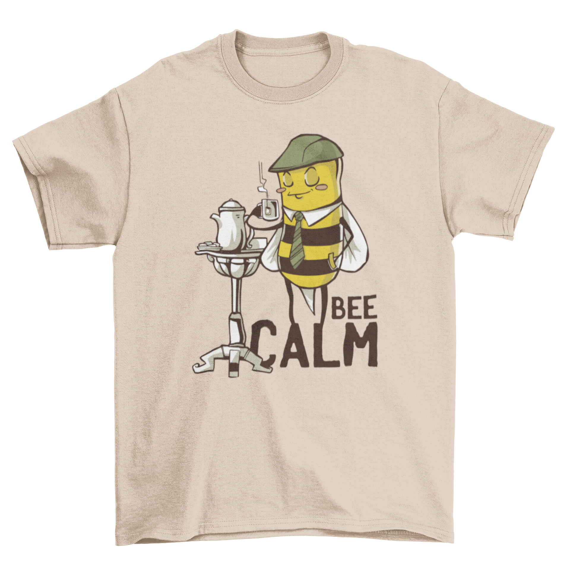 Bee Calm T-shirt featuring a cartoon bee sipping tea with a playful caption.