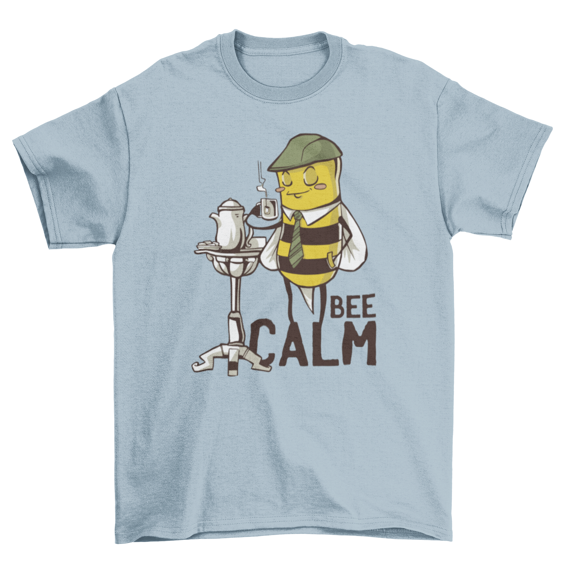 Bee Calm T-shirt featuring a cartoon bee sipping tea with a playful caption.