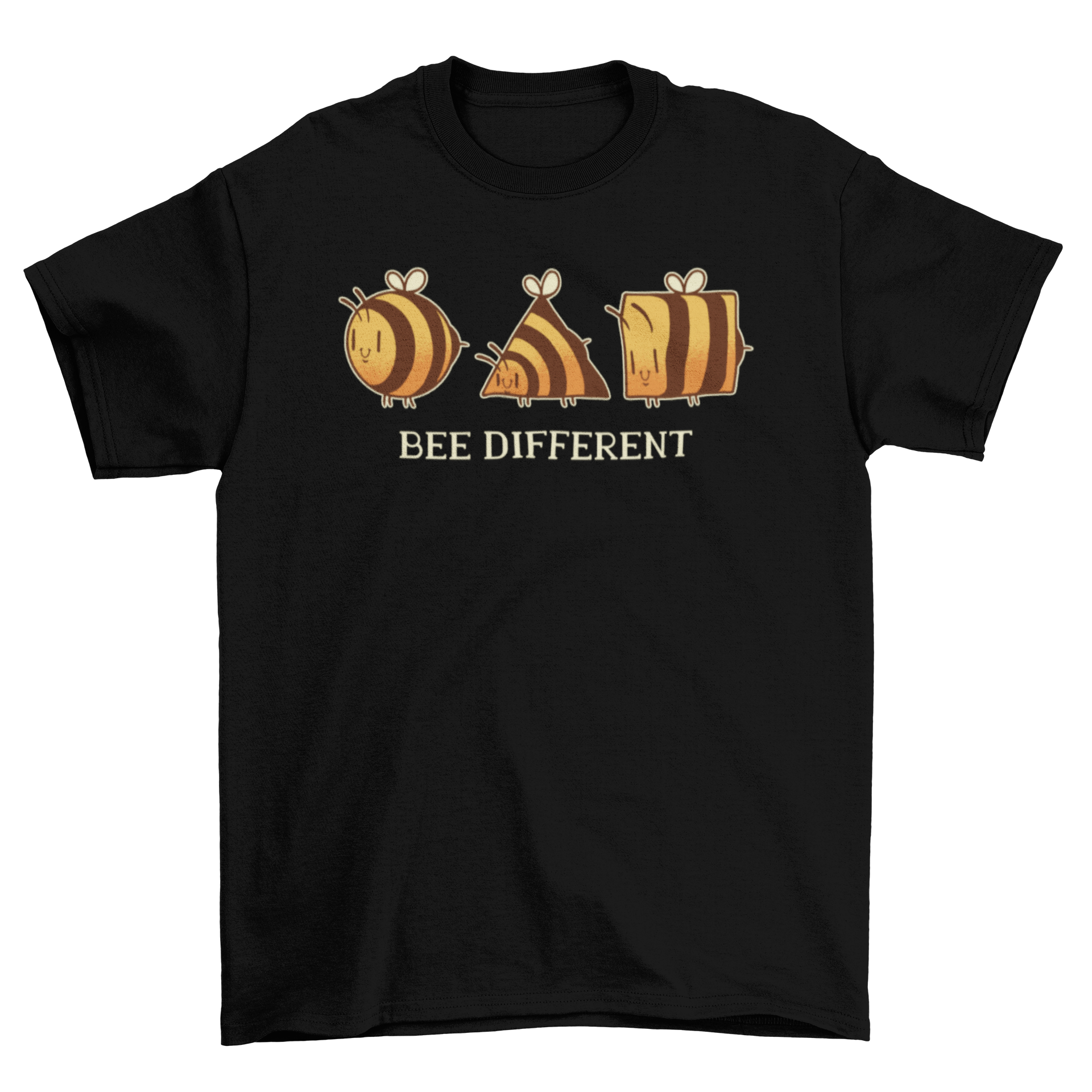 Bee Different t-shirt design featuring three artistic bees and the quote 'Bee different'.