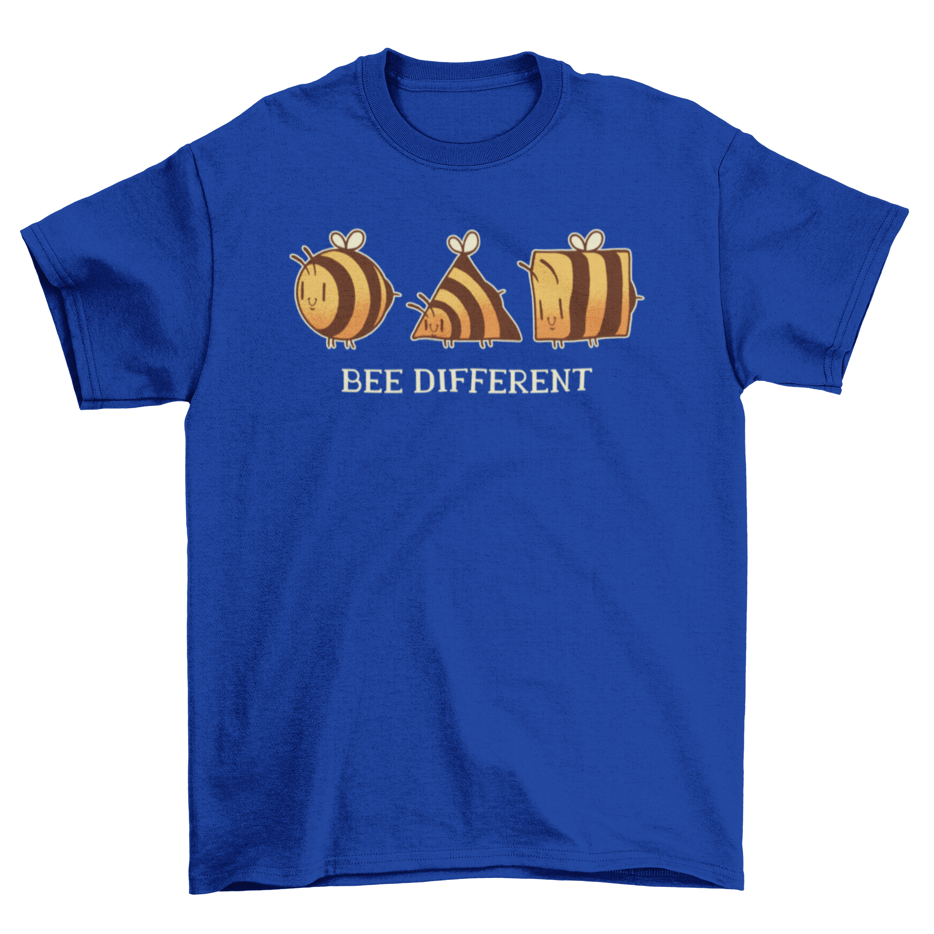 Bee Different t-shirt design featuring three artistic bees and the quote 'Bee different'.