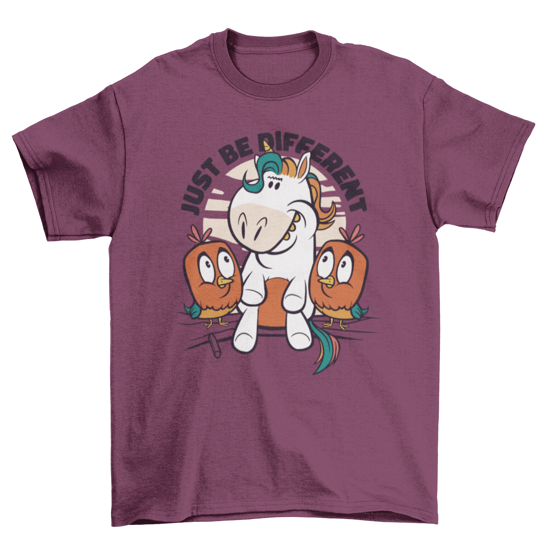 Be Different Unicorn T-Shirt featuring a whimsical design of two birds and a unicorn on a branch.