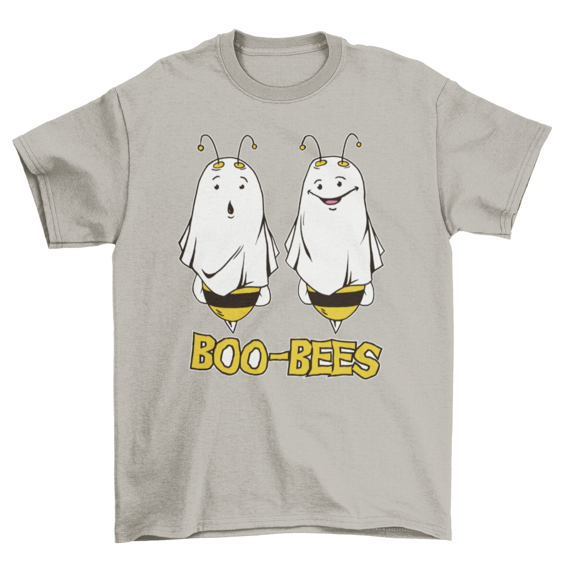 A playful Halloween T-shirt featuring two bees dressed as ghosts with the text 'BOO BEES'.