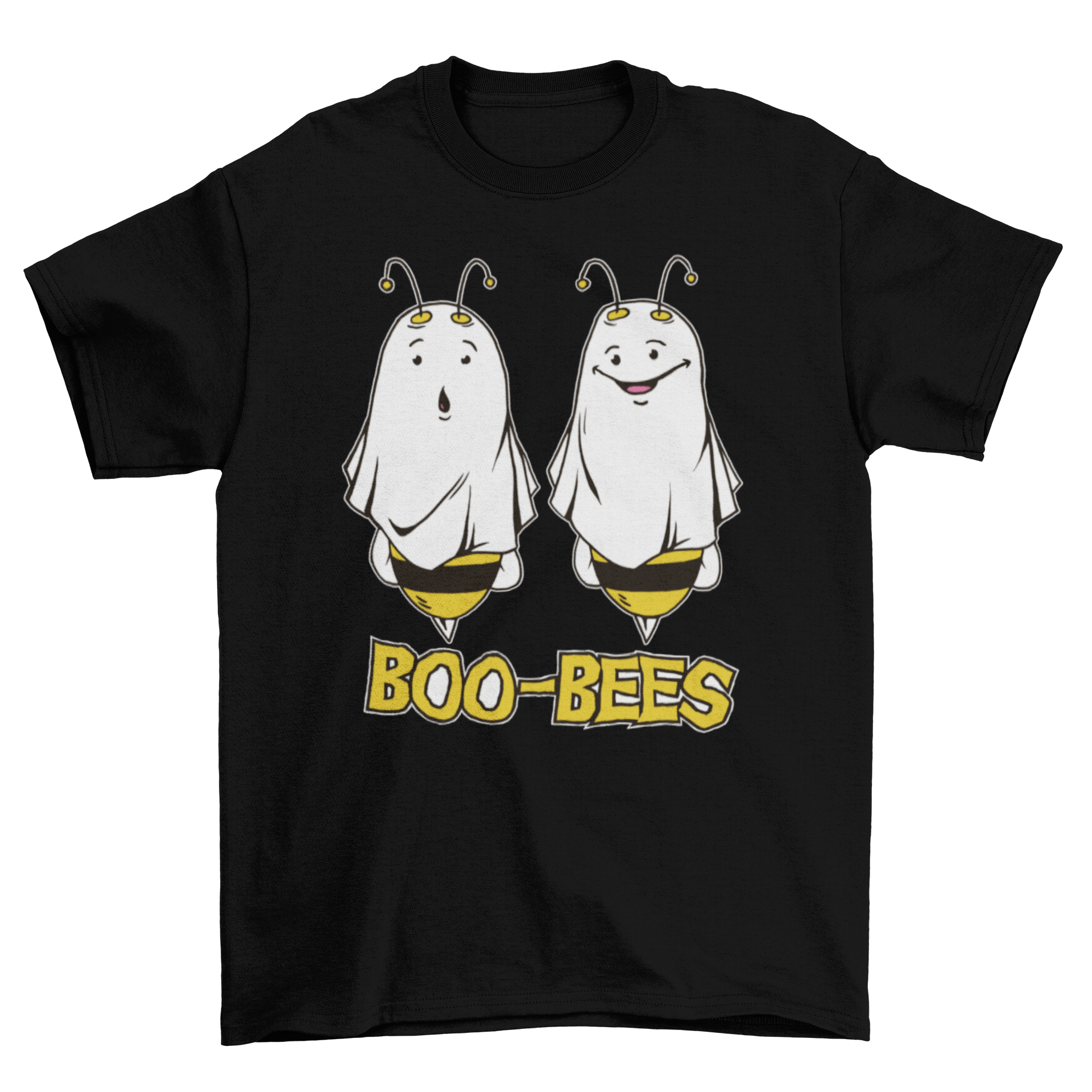 A playful Halloween T-shirt featuring two bees dressed as ghosts with the text 'BOO BEES'.