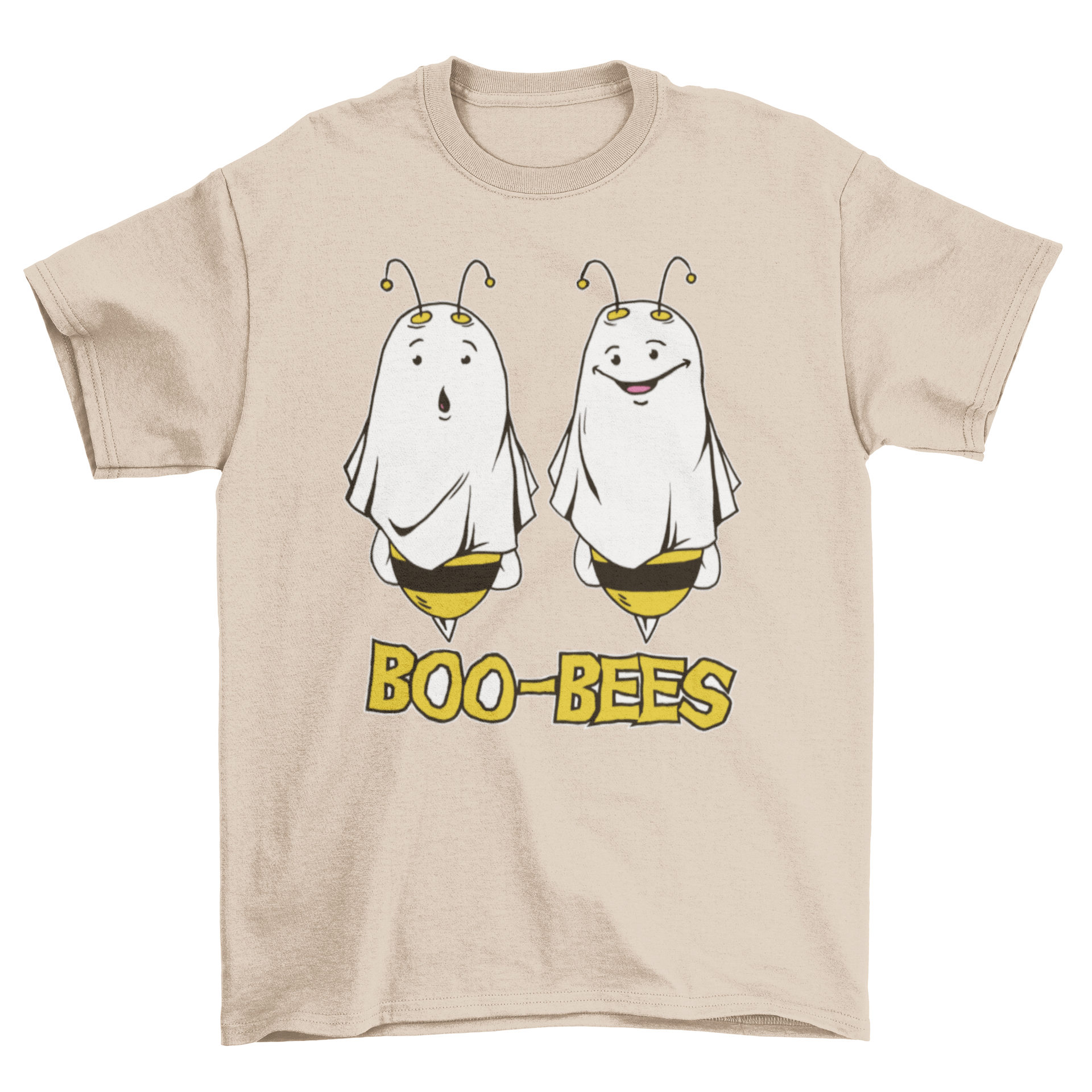 A playful Halloween T-shirt featuring two bees dressed as ghosts with the text 'BOO BEES'.