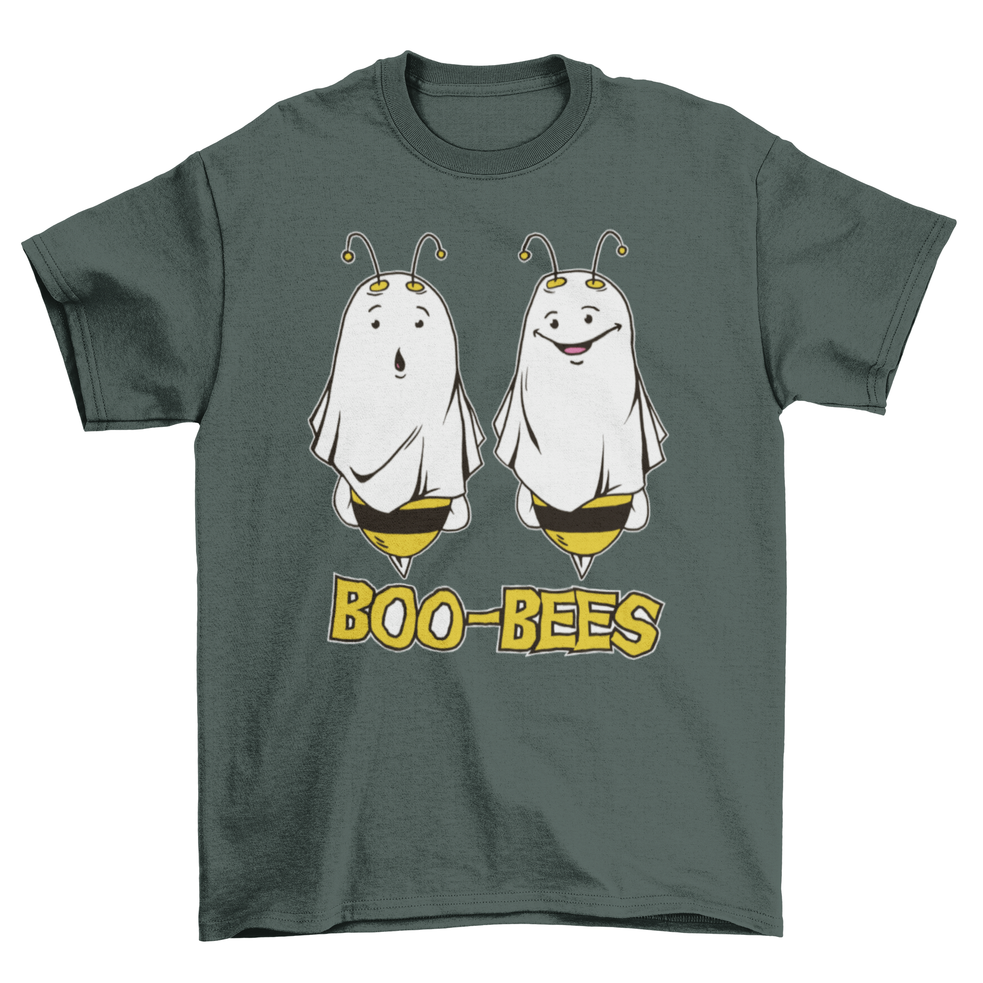 A playful Halloween T-shirt featuring two bees dressed as ghosts with the text 'BOO BEES'.