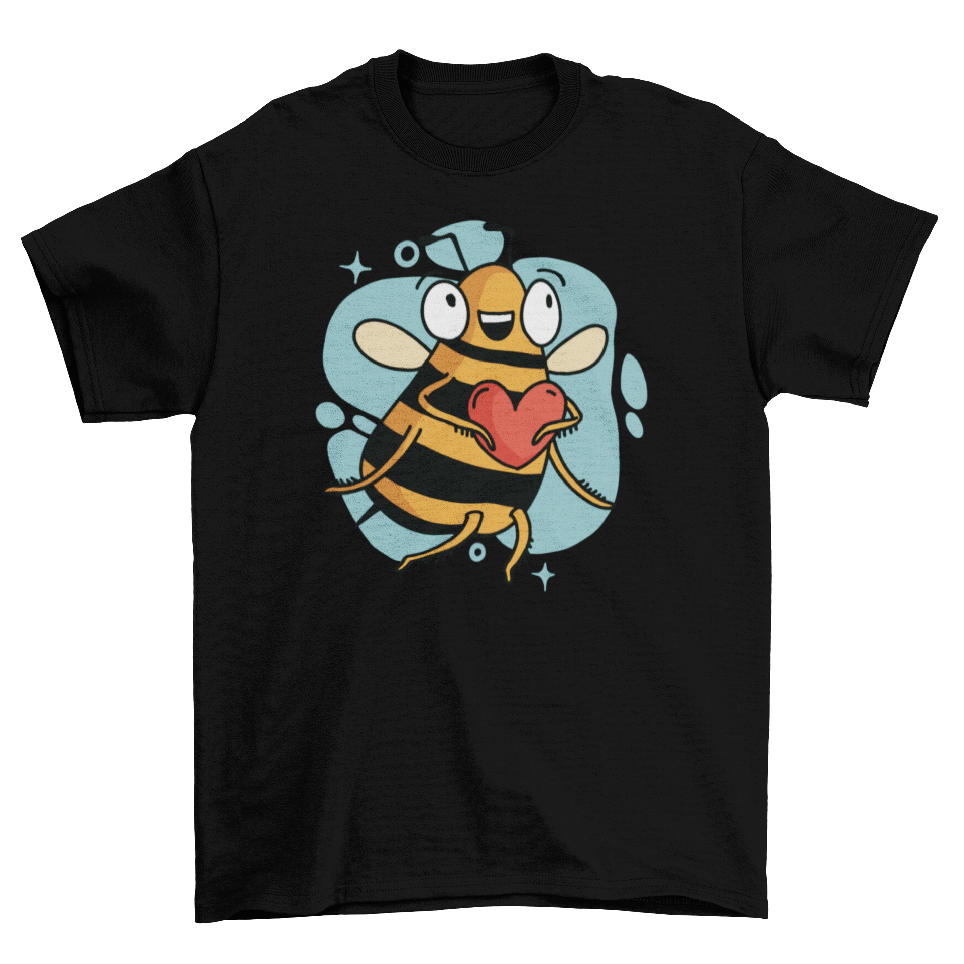 A cute t-shirt featuring a bee holding a heart, showcasing a playful and whimsical design.