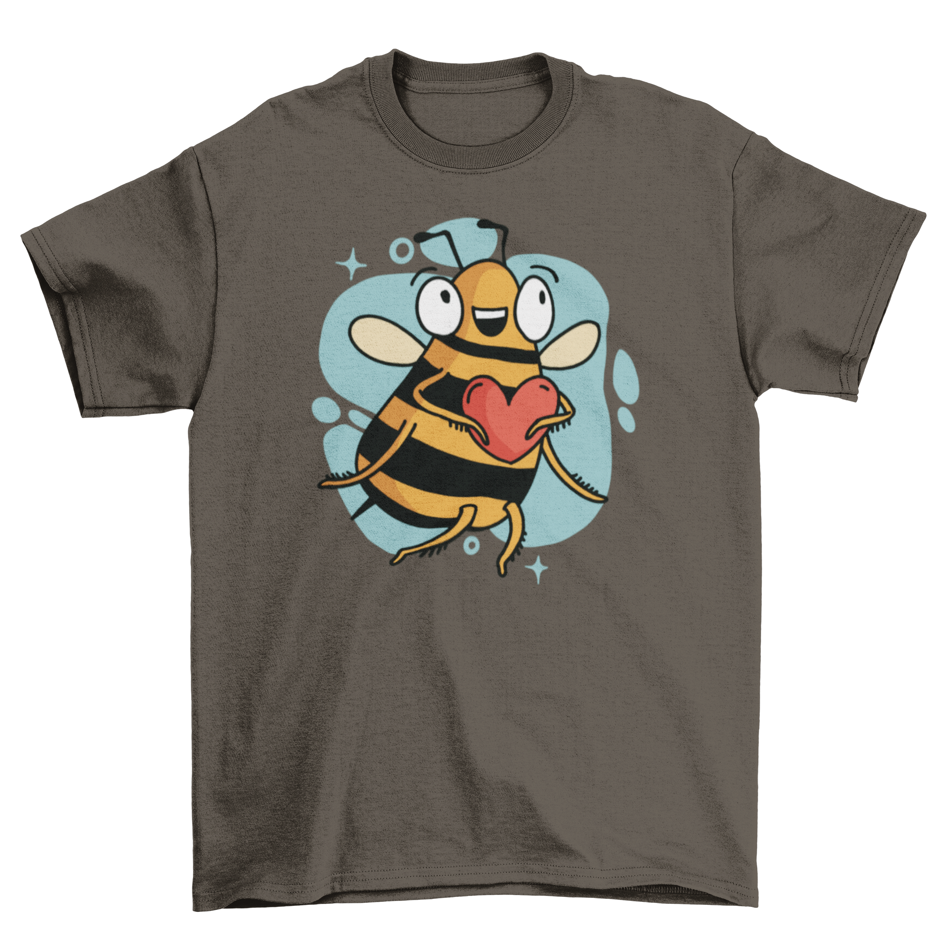 A cute t-shirt featuring a bee holding a heart, showcasing a playful and whimsical design.