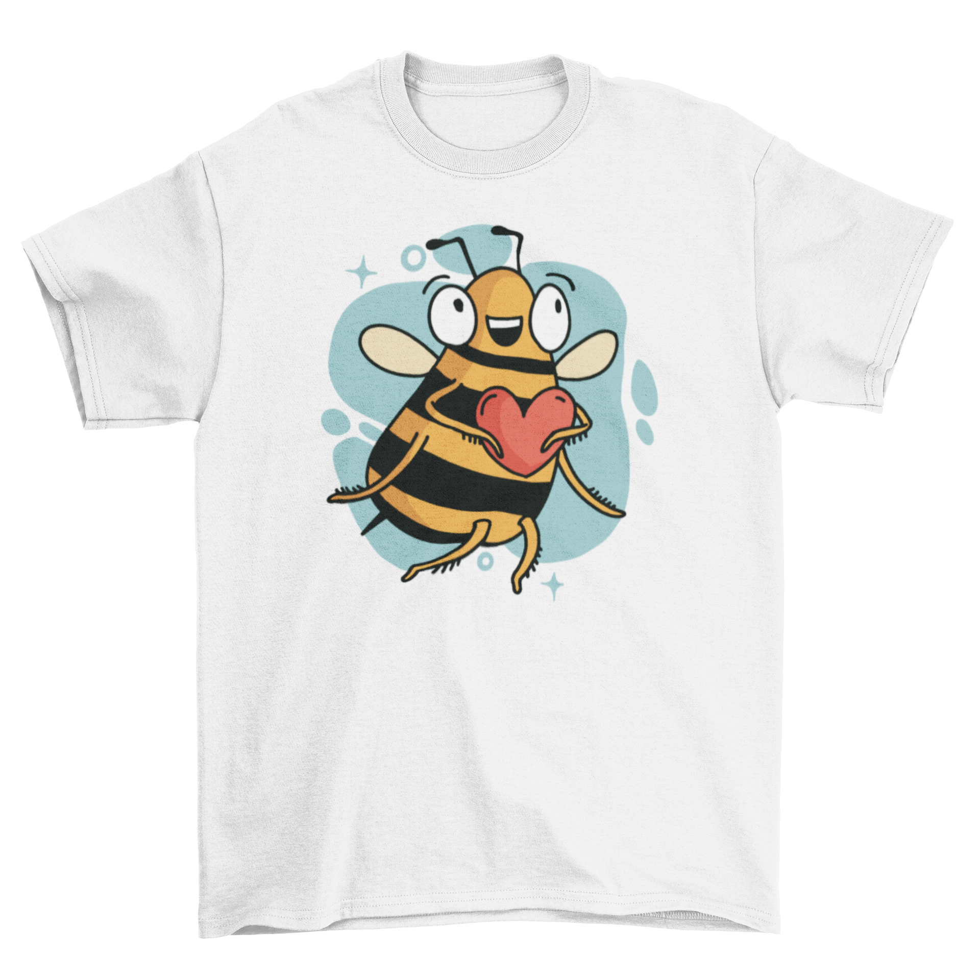 A cute t-shirt featuring a bee holding a heart, showcasing a playful and whimsical design.