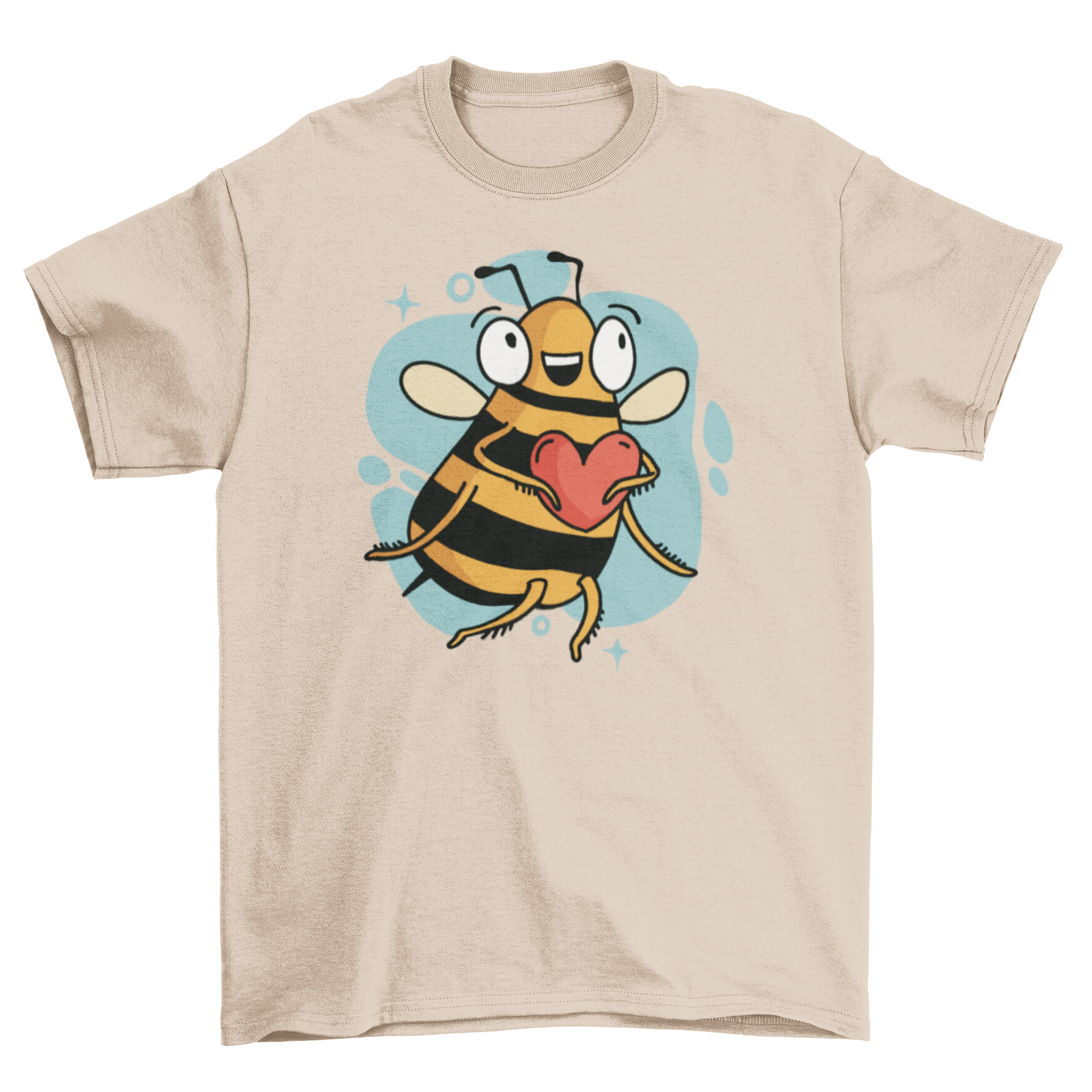 A cute t-shirt featuring a bee holding a heart, showcasing a playful and whimsical design.