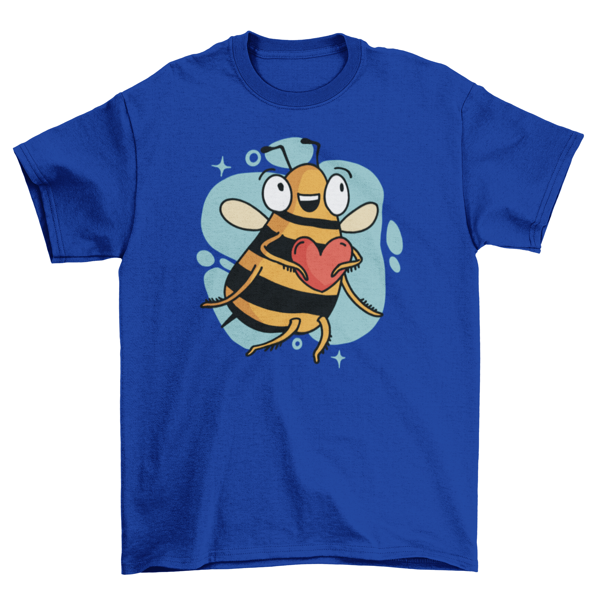 A cute t-shirt featuring a bee holding a heart, showcasing a playful and whimsical design.