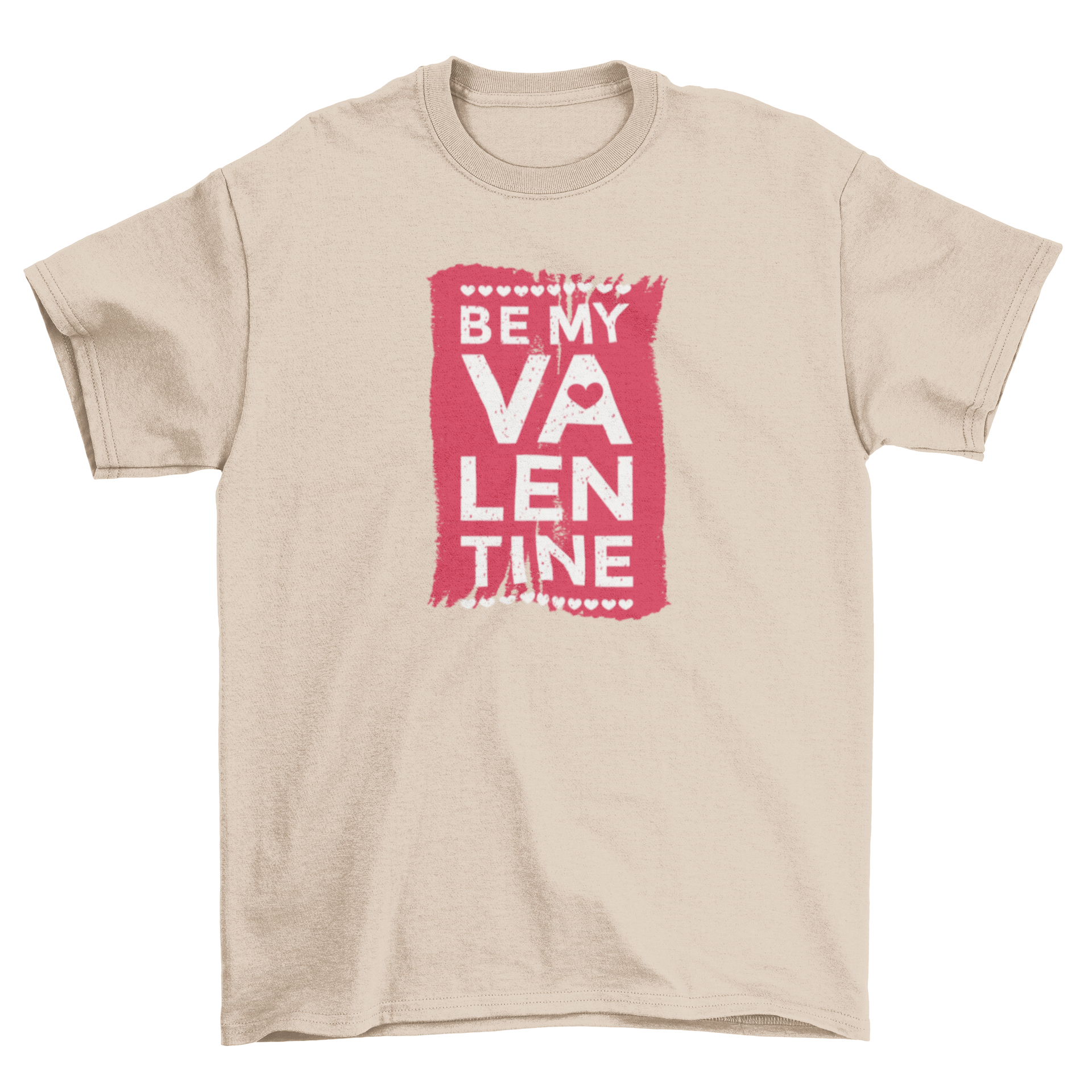 Be My Valentine T-shirt featuring a bold message on a red background with heart shapes.