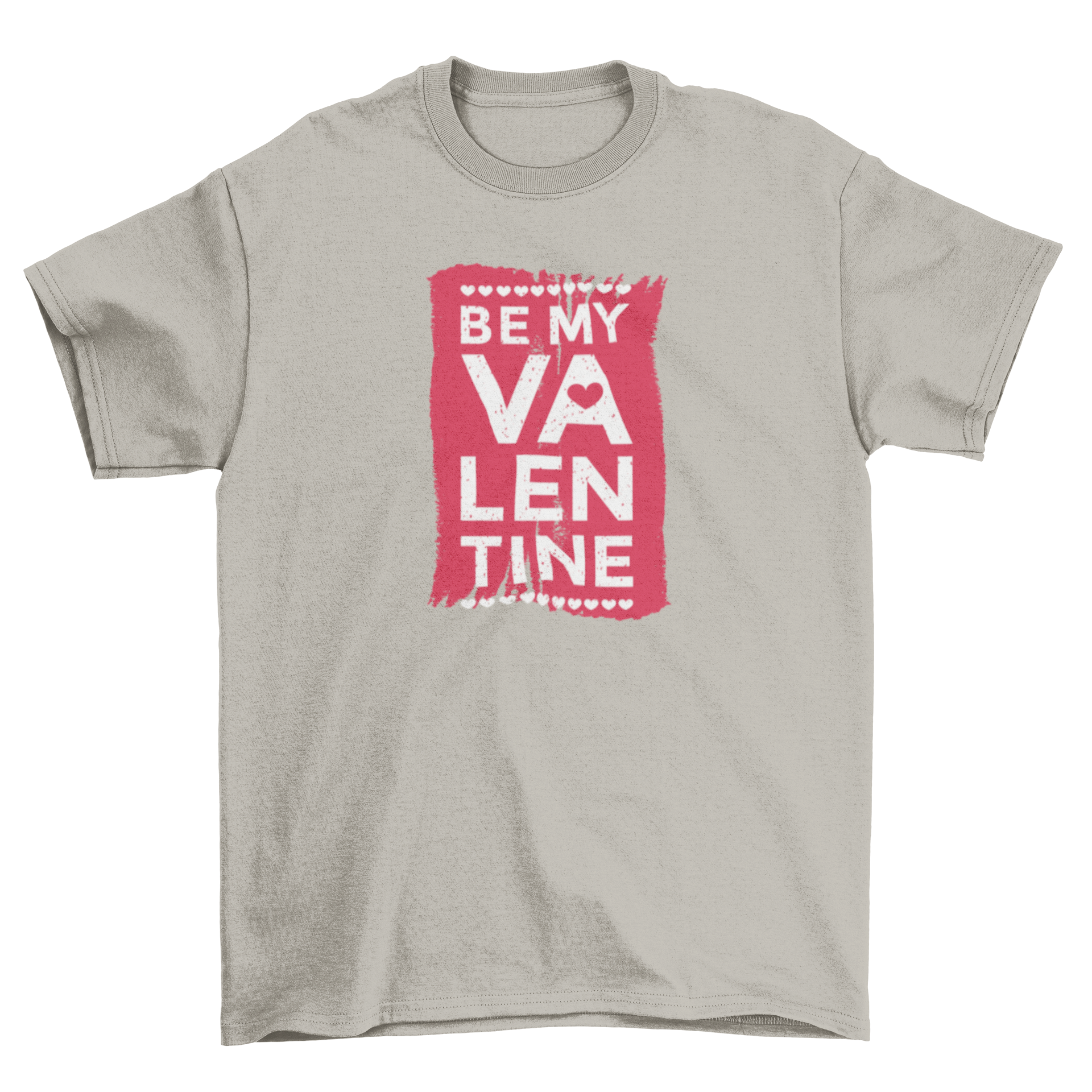 Be My Valentine T-shirt featuring a bold message on a red background with heart shapes.