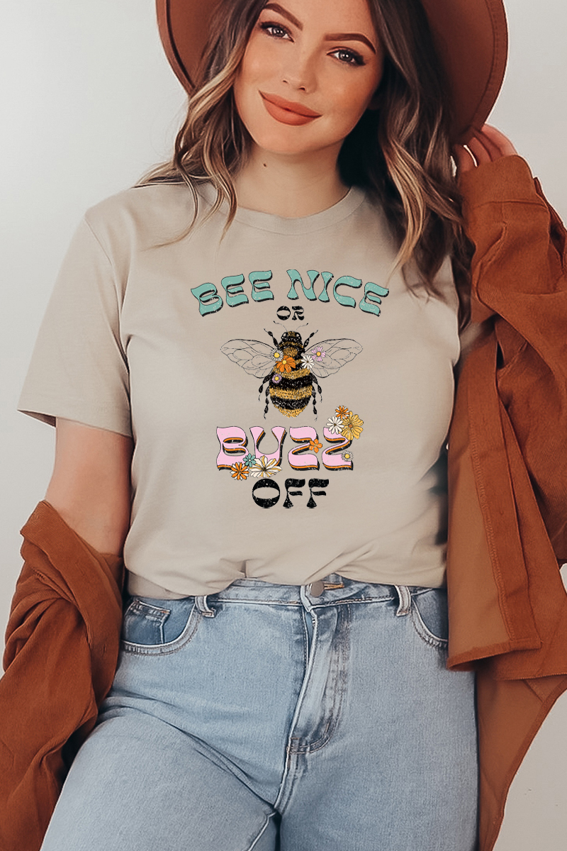 Bee Nice Or Buzz Off T-shirt in soft cotton, featuring a crew neck and short sleeves, perfect for casual wear.