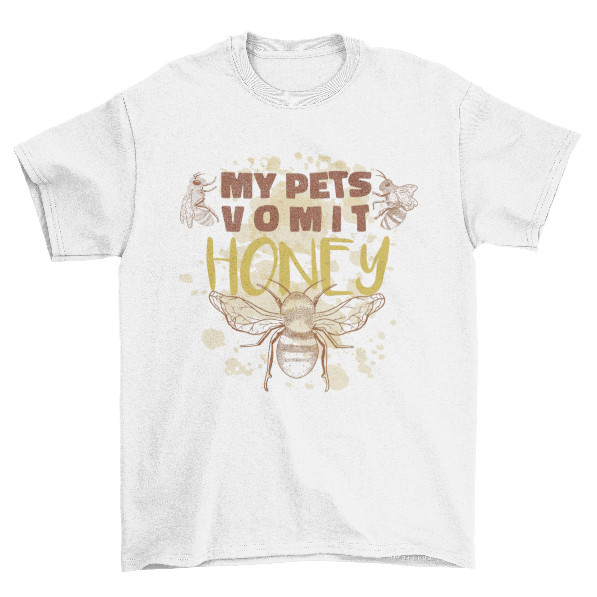 A quirky t-shirt featuring hand-drawn bees and the quote 'My pet vomits honey', perfect for bee lovers.