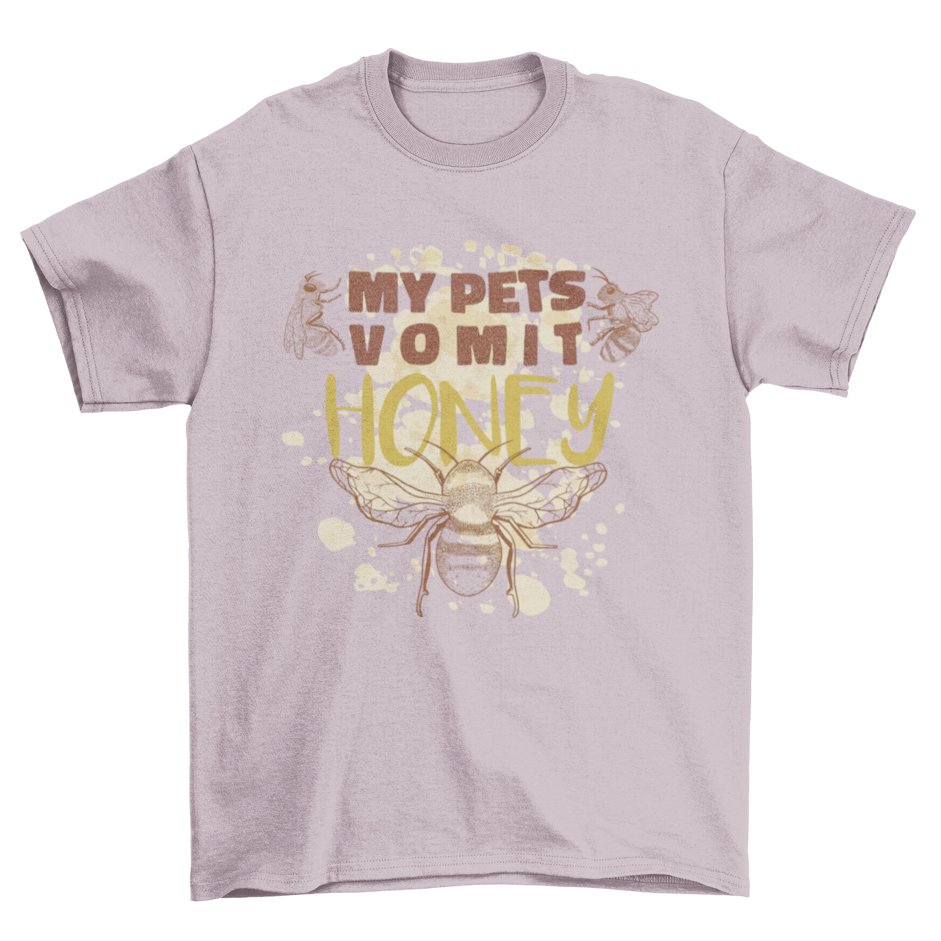 A quirky t-shirt featuring hand-drawn bees and the quote 'My pet vomits honey', perfect for bee lovers.