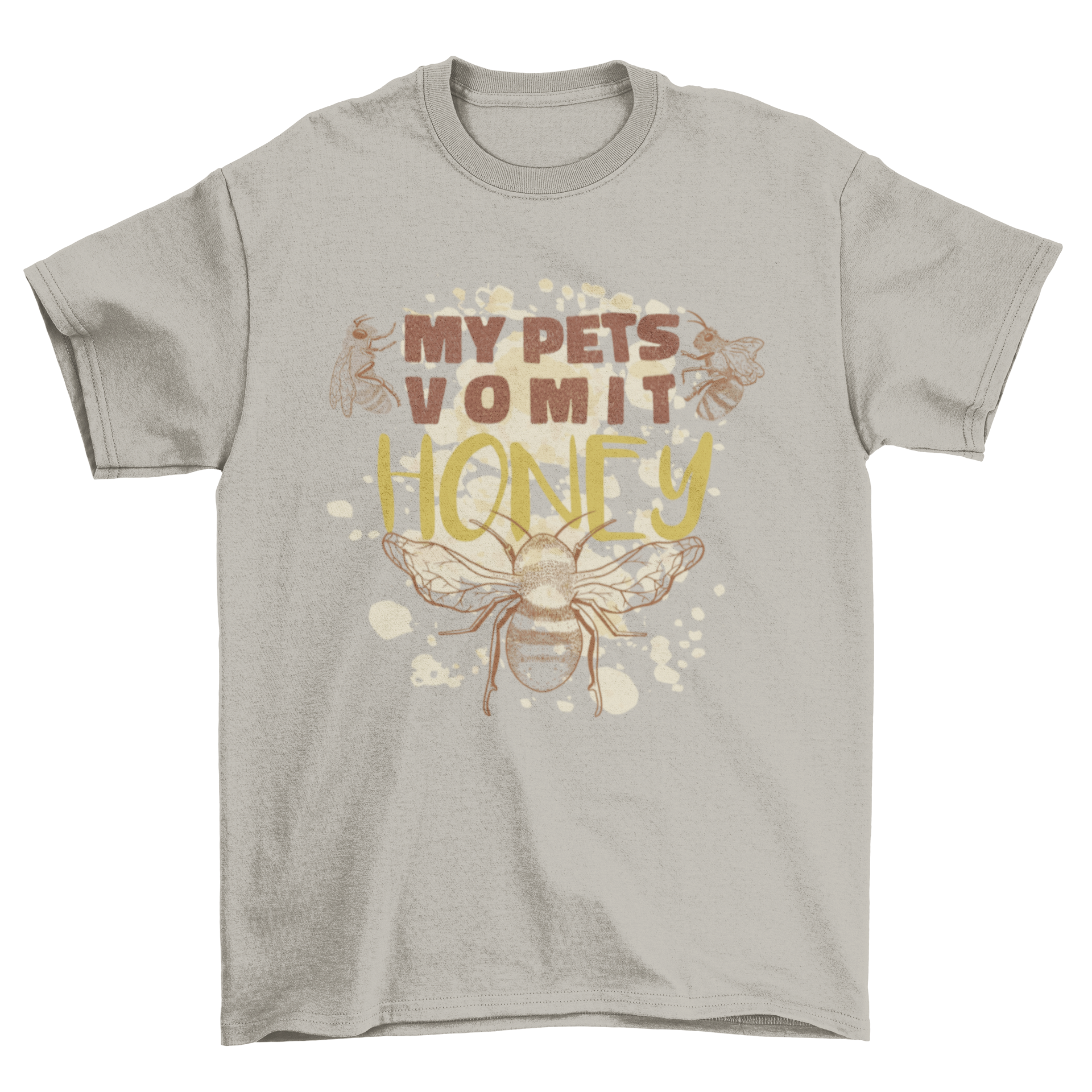 A quirky t-shirt featuring hand-drawn bees and the quote 'My pet vomits honey', perfect for bee lovers.